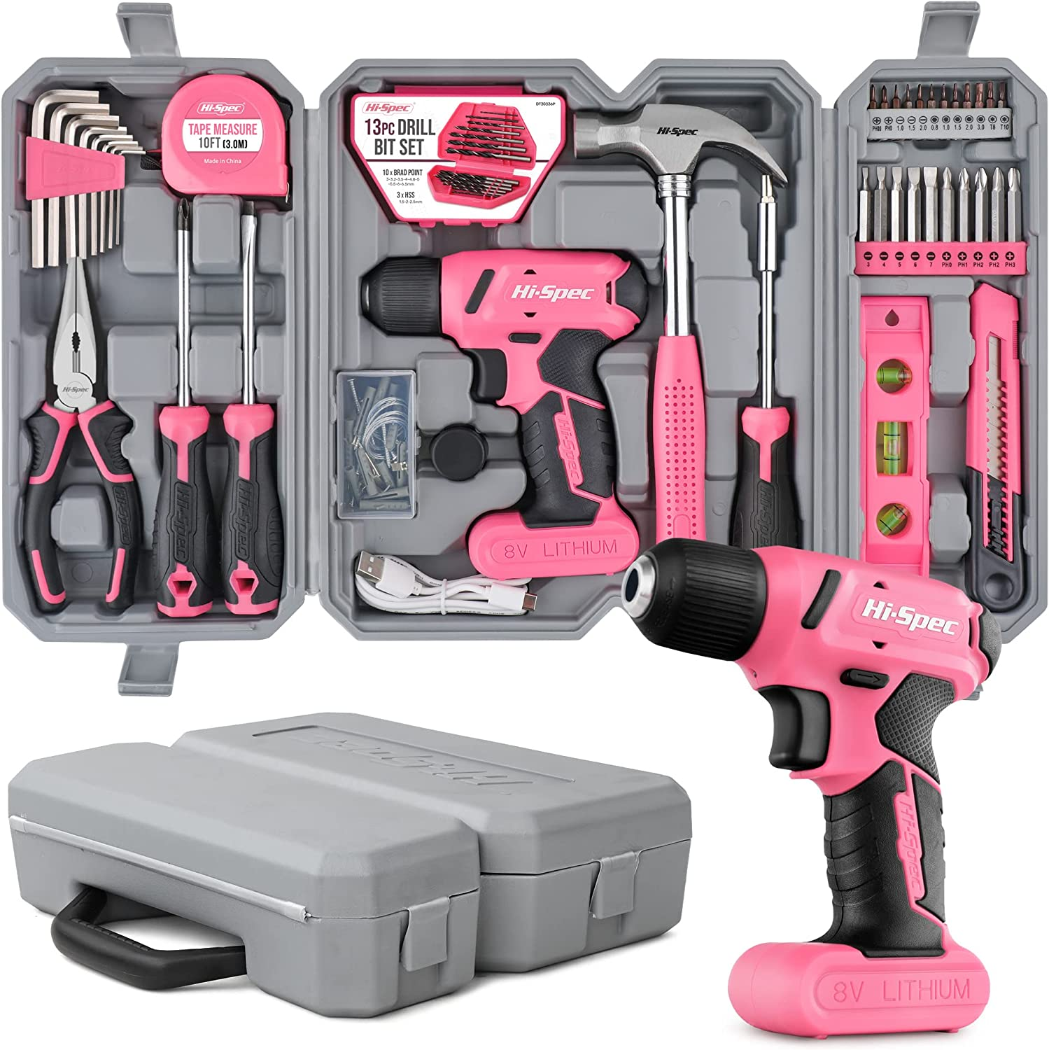 Hi-Spec 57Pc Pink 8V USB Electric Drill Driver & Household Tool Kit Set with Variable Speed DIY Cordless Power Screwdriver