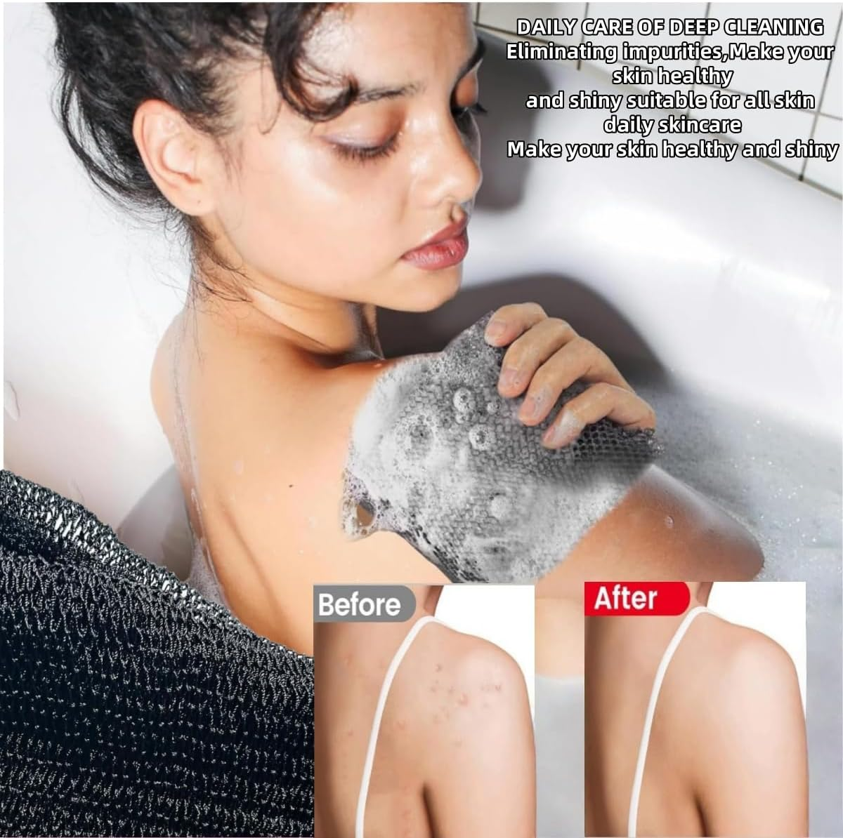 Hpessoterr 2 Pieces Long Bath Net Sponge,Body Exfoliating Long Net Shower Body Scrubber Back Scrubber Skin Smoother,Stretch Len（Black） image number 4