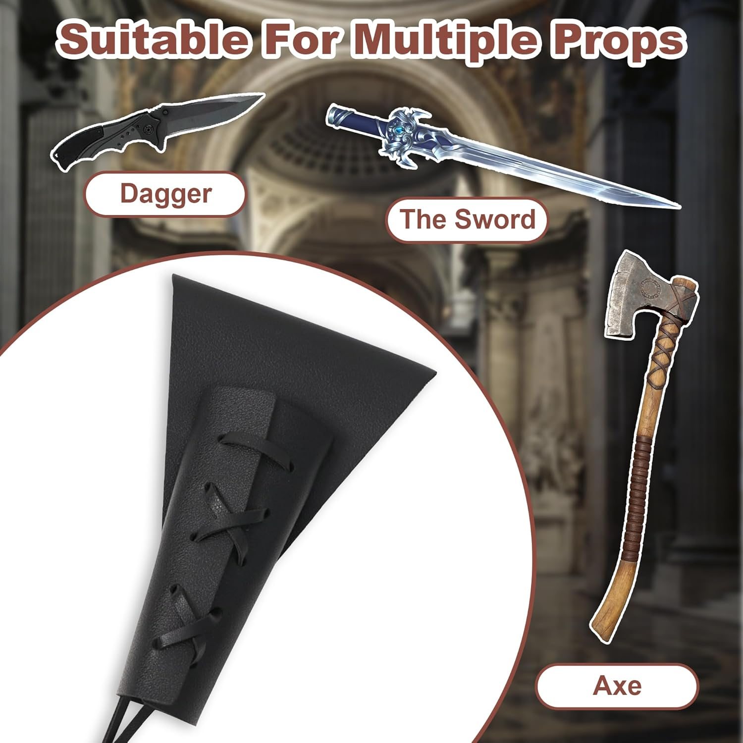 Dagger Holder Sword Belt with Lacing, Medieval-Style Sword Frog, Adjustable Leather Sword Holster for Costume Cosplay, Belt Sheath Accessory and Renaissance Accessories - Burgundy image number 6