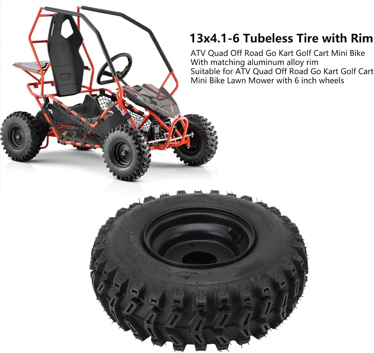 Generic ATV Tubeless Tire, 13X4.1 6 Inch Front Wheel Rear Wheel Tire with Rim, Vacuum Tyre for ATV Quad off Road Go Kart Cart Mini Bike Lawn Mower