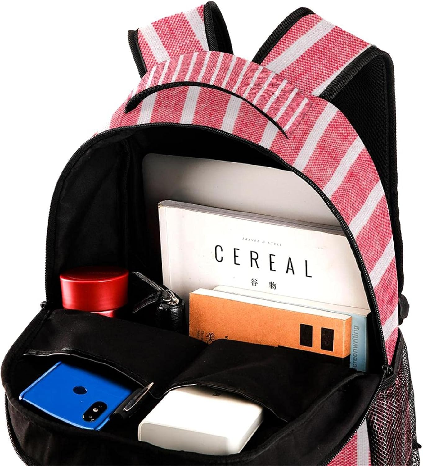 Red White Line Pattern Backpack Students Shoulder Bags Travel Bag College School Tote Backpacks image number 2