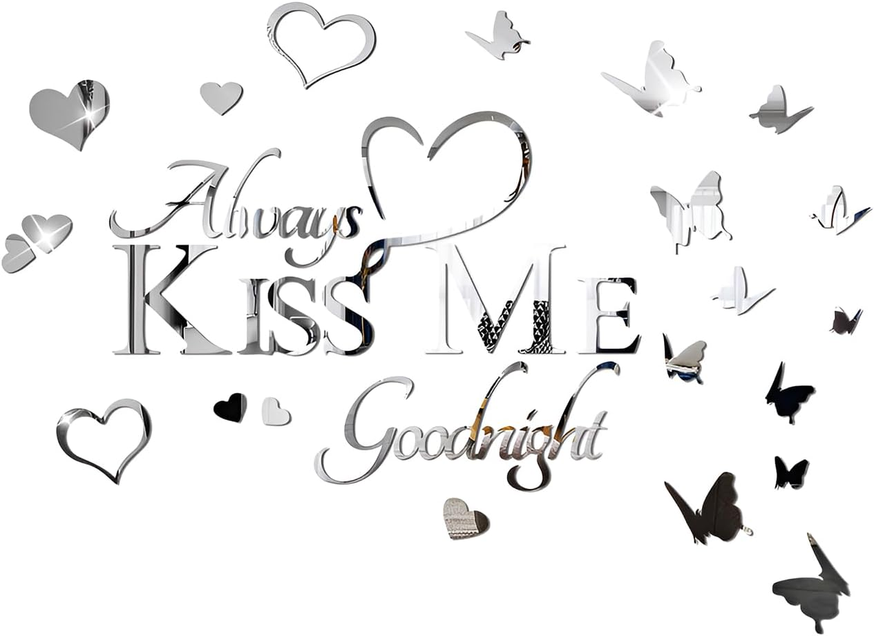 INCAUCA Always Kiss Me Goodnight Mirror Wall Decal, Peel and Stick Wall Stickers Decor for Bedroom, Decorative Romantic Couples Love Wall Words and Quotes, Lettering Art Sign over Bed, Gold