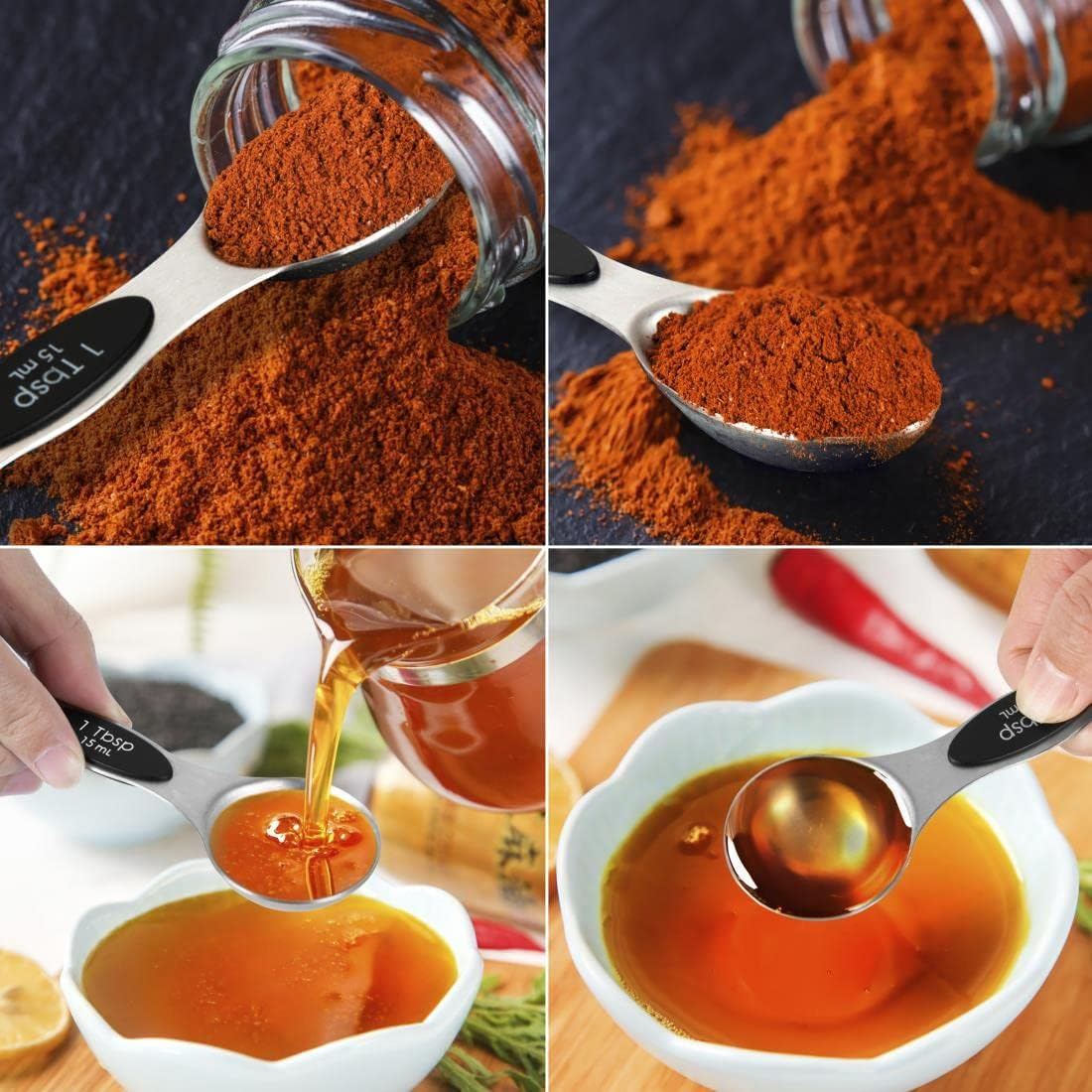 KELOFKO 16 Pieces Measuring Cups and Magnetic Measuring Spoons Set Stainless Steel, 8 Measure Cups with Silicone Handle and 7 Double Sided Magnetic Measure Spoons & 1 Leveler, Measuring Cup Set image number 5