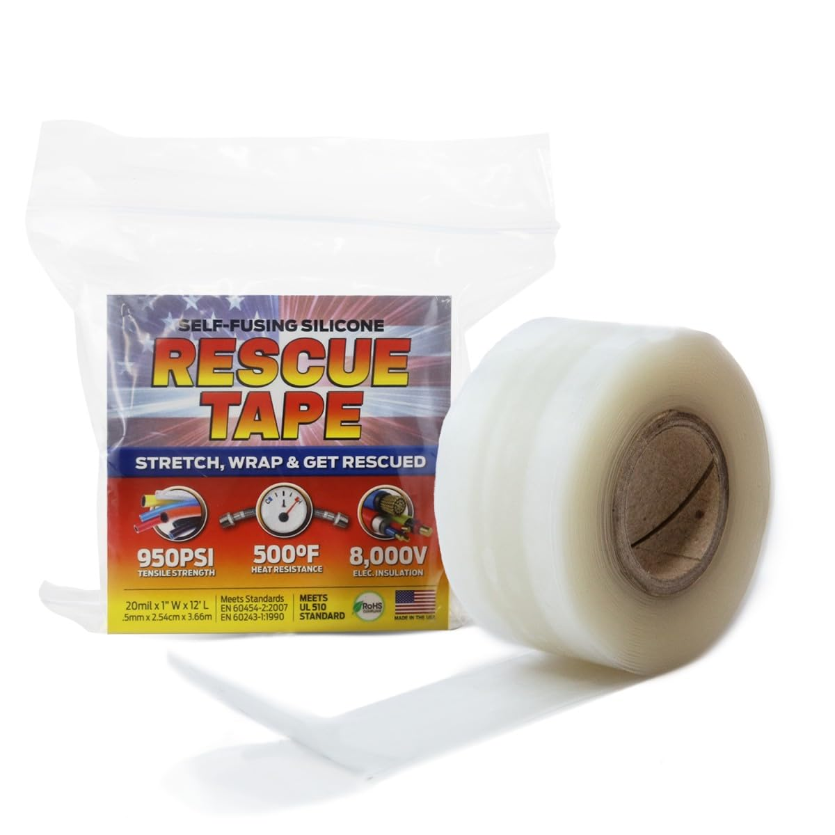 Bond It Rescue Tape, Self-Fusing Silicone for Emergency Plumbing, Pipe & Hose Repair, Electrical Insulation, Waterproof, 950PSI, Made in USA, 1" X 12', Clear