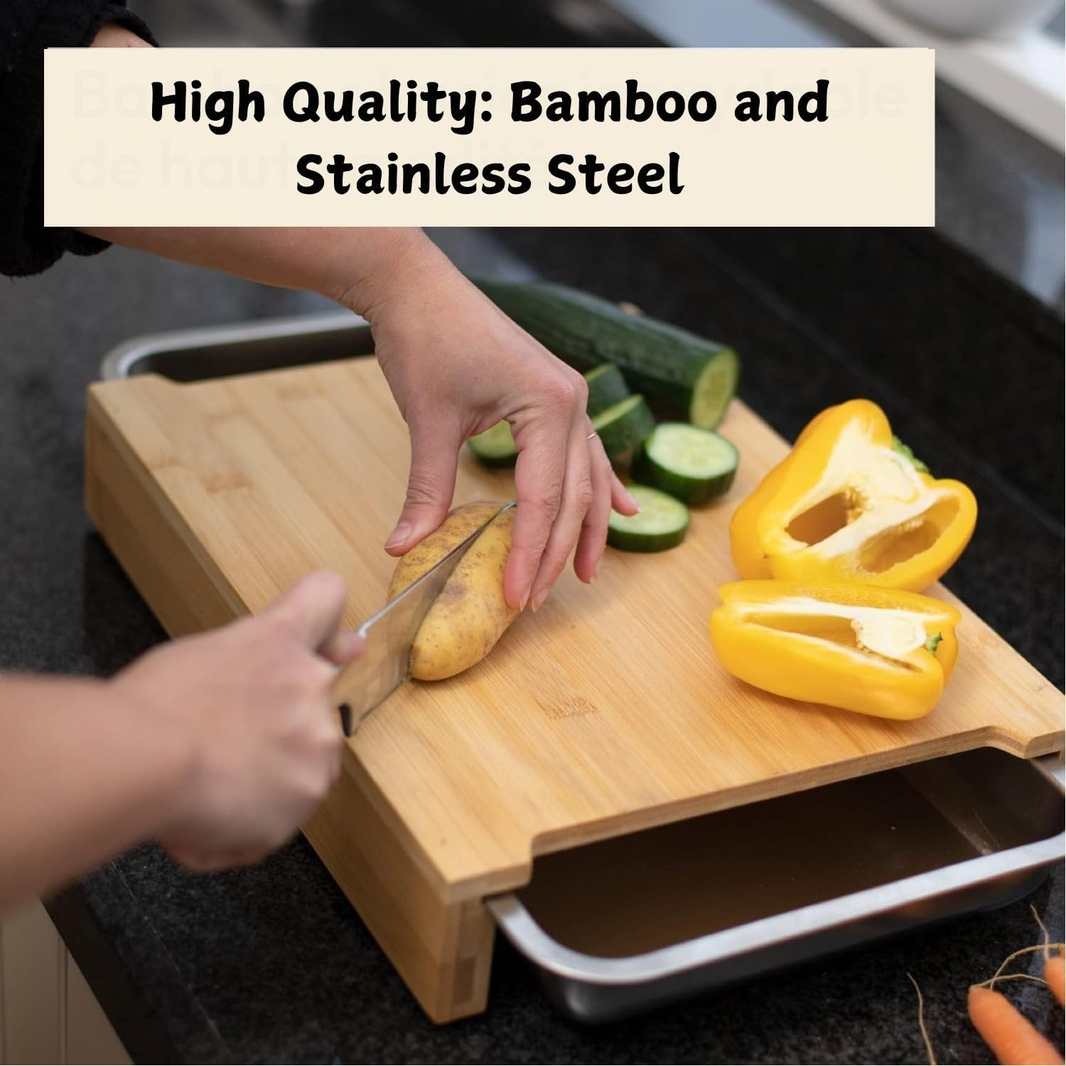 CARLA HOME Chopping Board with Containers, Bamboo Cutting Board with 2 Organiser Stainless Steel Trays, Meal Prep Cutting Board with Containers, Large Wood Cutting Board with Slide Out Trays Kitchen image number 6