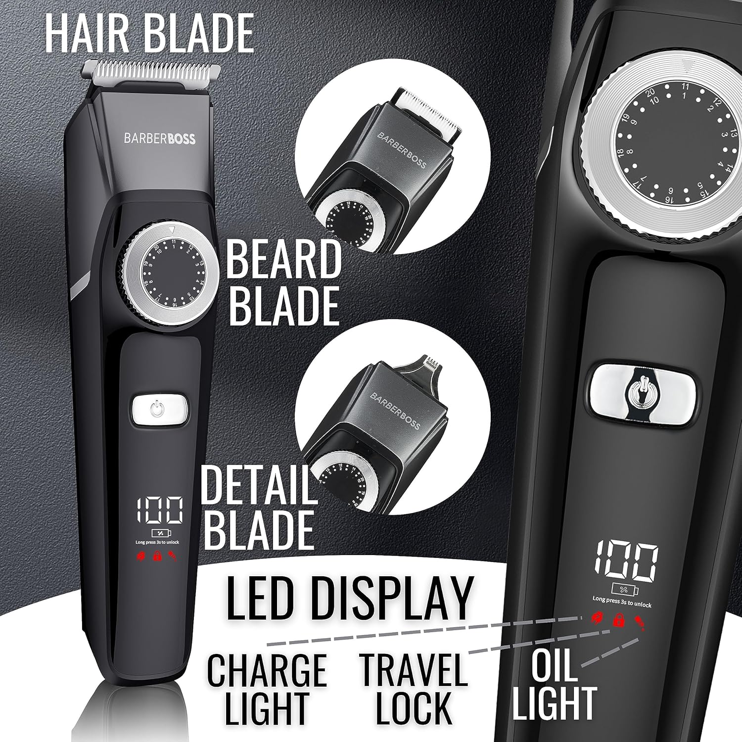 Barberboss 3 in 1 Facial Grooming Kit, Hair, Detail & Beard Trimmer, Men&rsquo;S Hair Clipper, Precision Control Dial, 4 Guide Combs, USB Rechargeable, LED Display, 100% Waterproof, QR-6086 image number 3