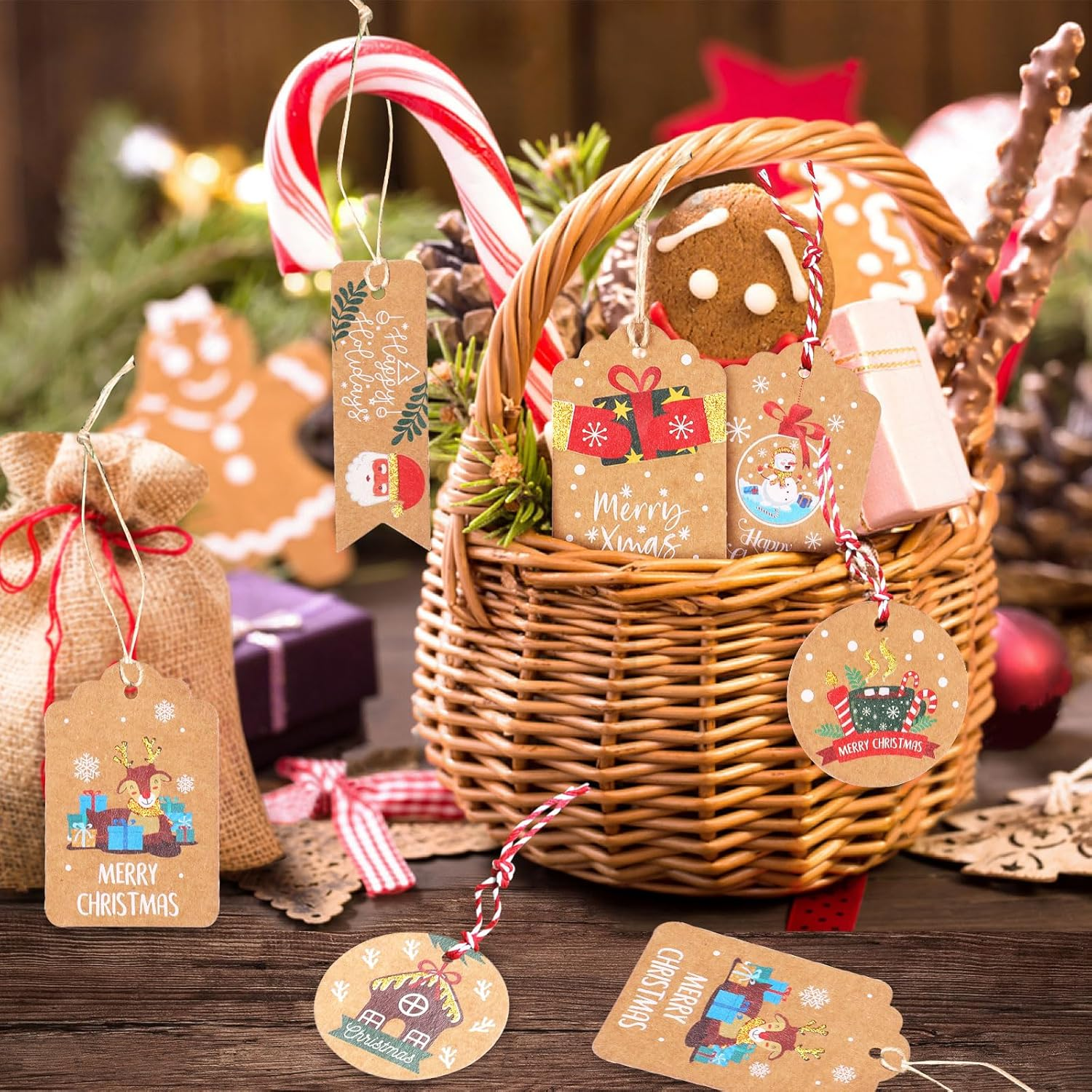 Hianjoo 110 Pcs Christmas Kraft Paper Gift Tags with Jute Twine, Xmas Gift Tags Parcel Tags Tree Present Hang Labels for DIY Homemade Holiday Present Wrap Stamp Label Package Name Tag, Golden - Silver image number 5