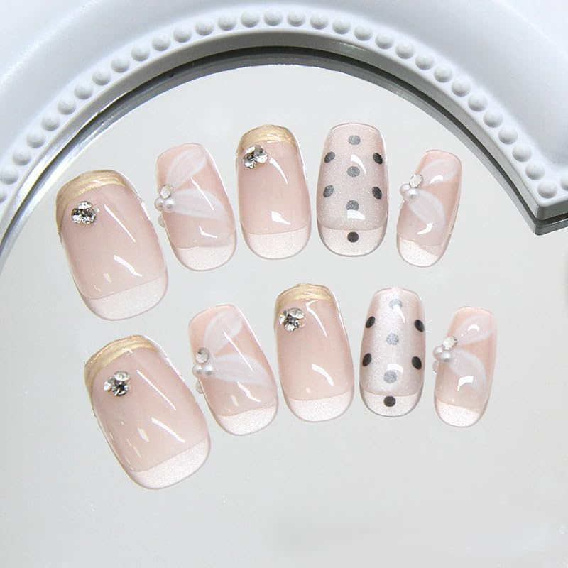 30Pcs Short Square Press on Nails French Tip False Nails Cat Eye Fake Nails Flower Pearl Rhinestone Stick on Nails Removable Glue-On Acrylic Nail Tips Spring Summer Accessories for Women image number 2