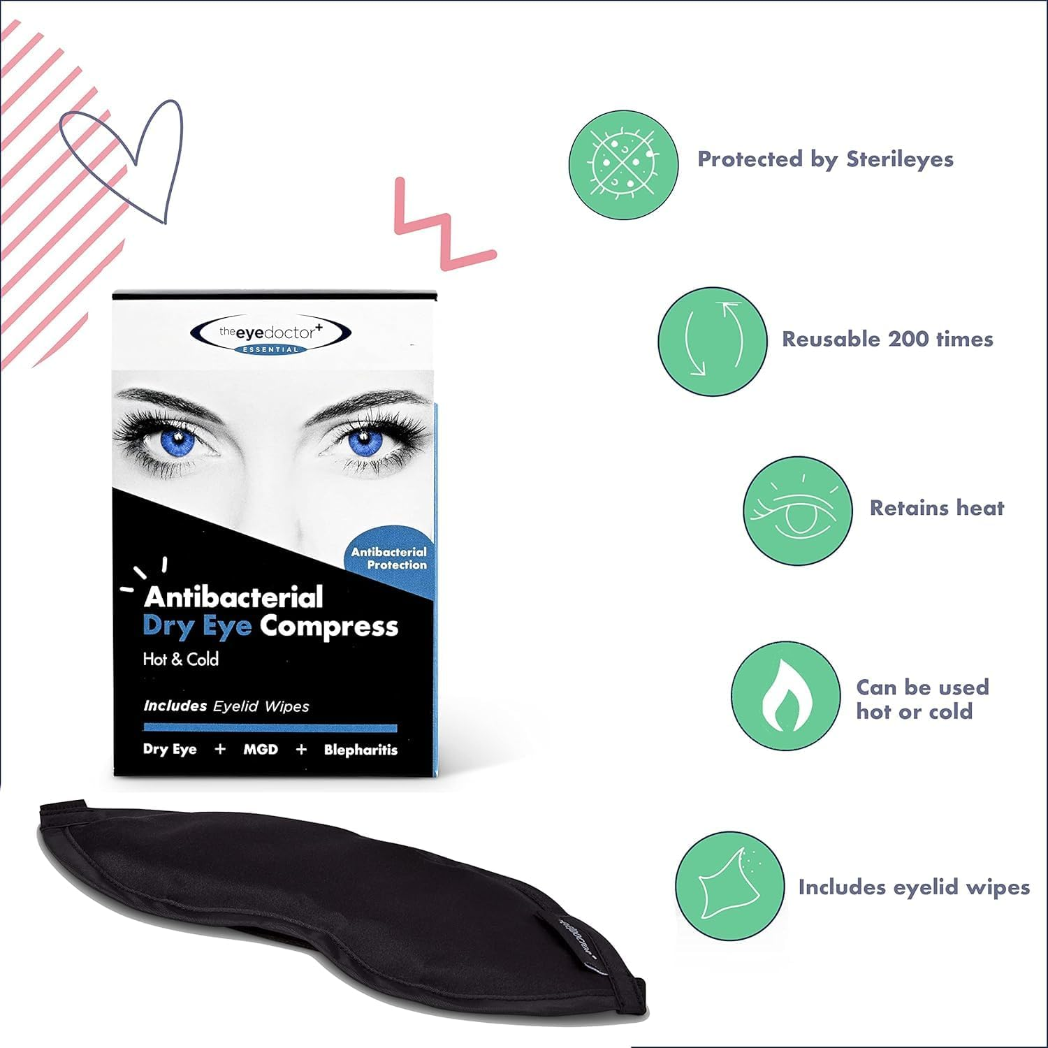 The Eye Doctor Essential Treatment Bundle - Reusable Hot Cold Eye Compress & 20X Single Use Tea Tree Eyelid Wipes for Dry Eye, Blepharitis & MGD - Microwave Safe Mask image number 4
