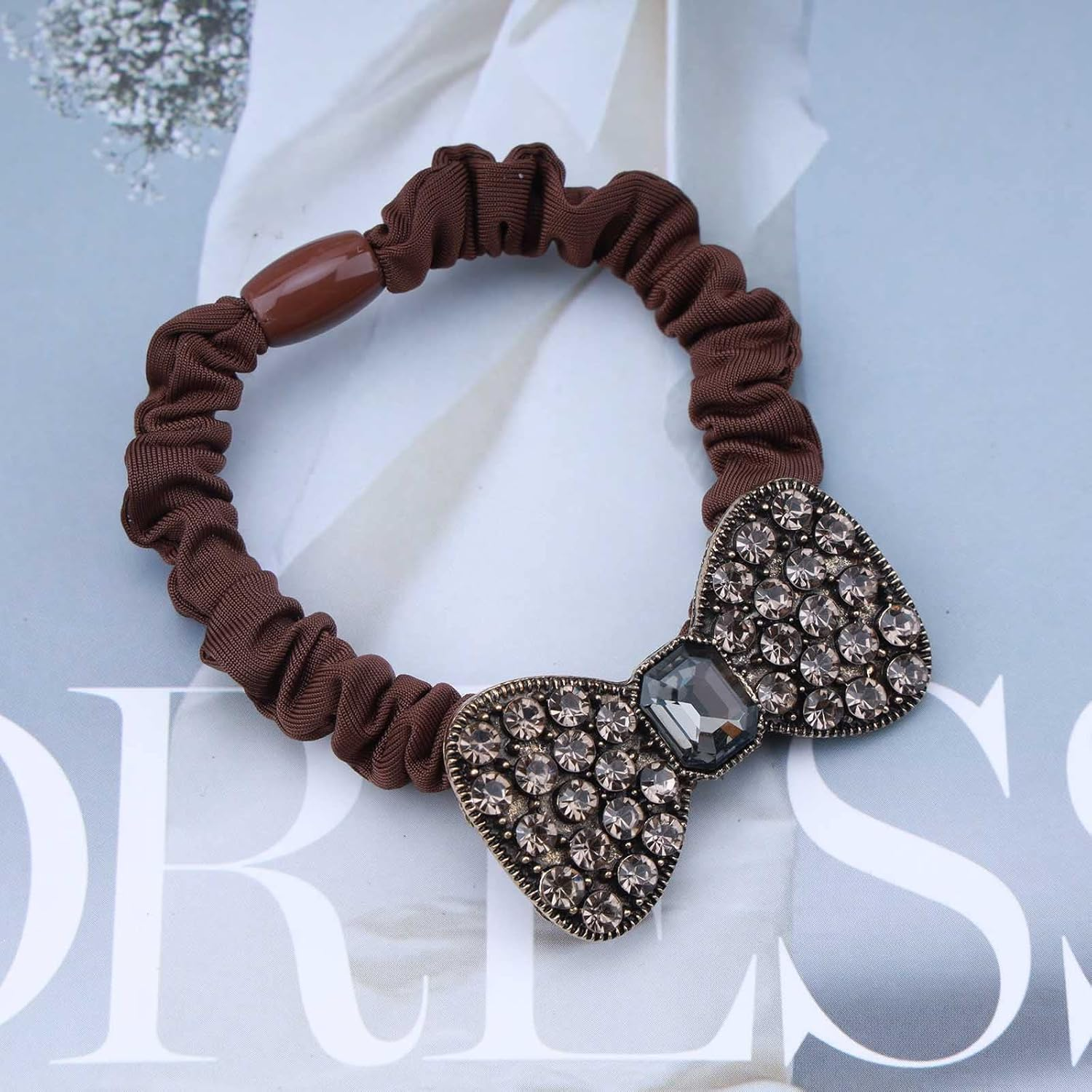 Wendalern Boho Rhinestone Ponytail Holder Bowknot Ponytail Hair Scrunchie Geometric Elastic Hair Bobbles Brown Crystal Hair Ropes Decorative Hair Accessories for Women and Girls image number 6