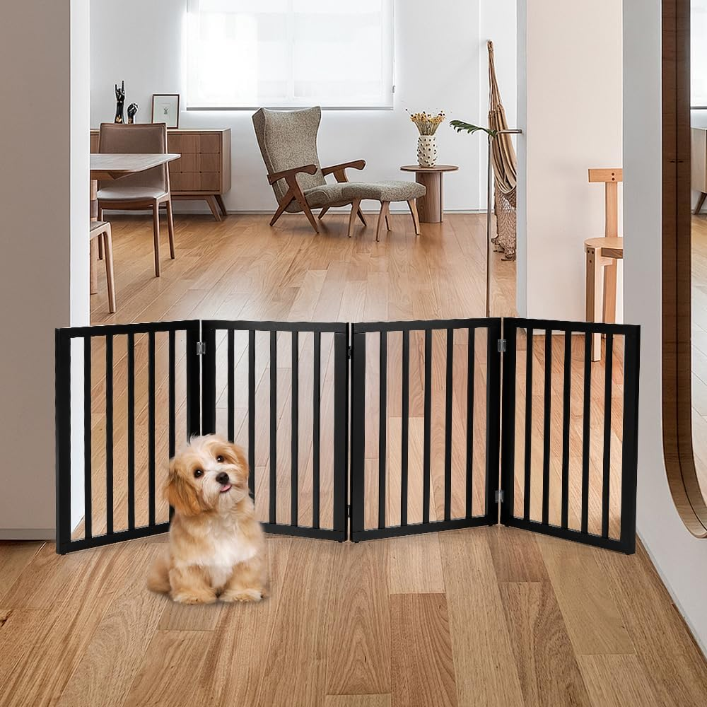 Petzly Foldable Dog Gate, Freestanding Pet Gate for Puppy Small Dogs and Cats, Dog Fence for House Stairs Doorway Bedrooms, No Drill Pet Barrier Indoor/Outdoor, 4 Panels Fence, White - 188CM X 61CM