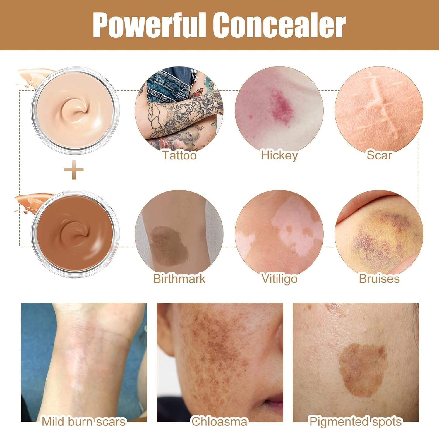 Tattoo Concealer, 2 Colors Tattoo Cover up Makeup Waterproof Sweatproof, Invisible Skin Concealer Set, Long Lasting Suitable for Tattoo, Dark Spots, Scars, Vitiligo image number 1