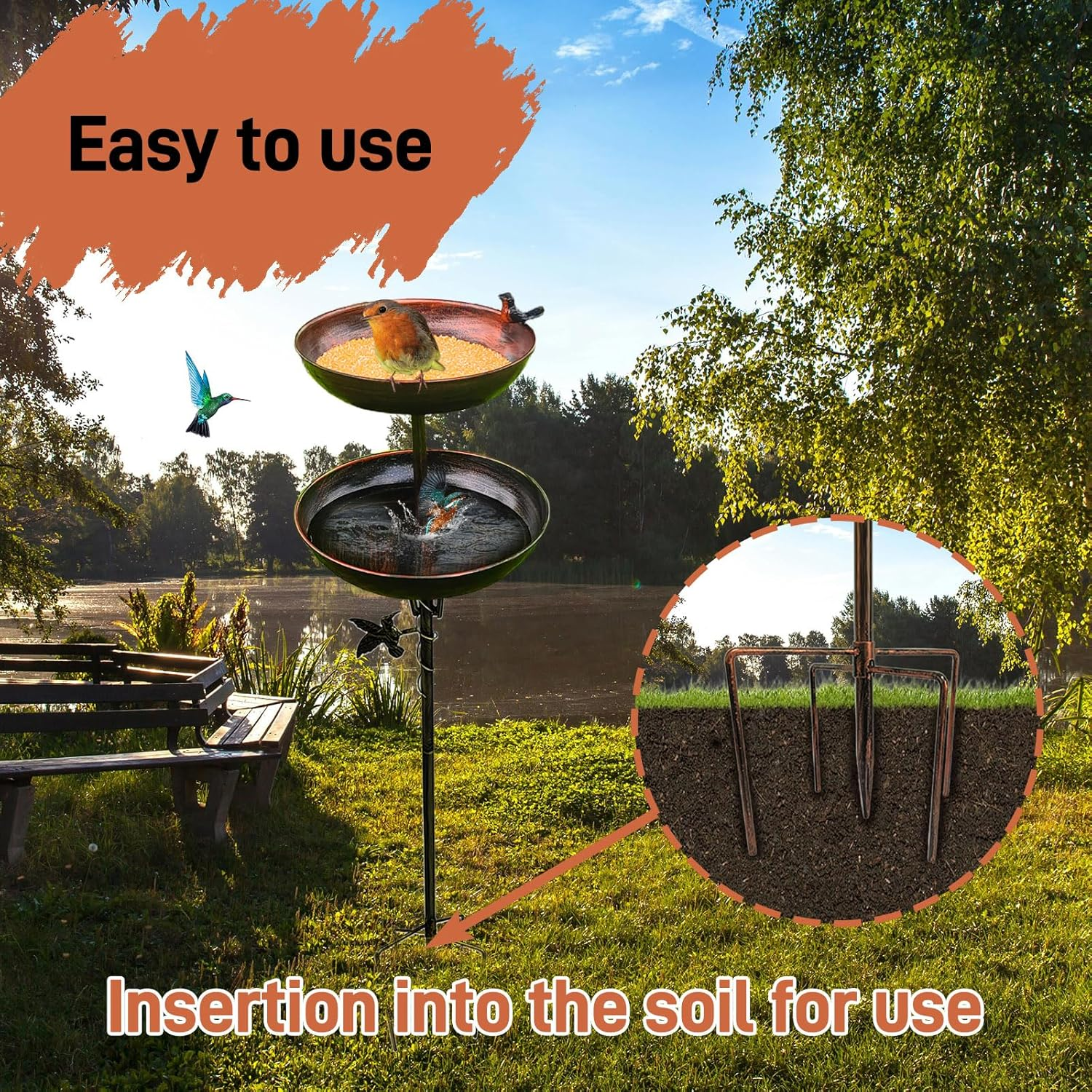 Double Standing Bird Feeder and Bird Bath 120 Cm, Antique Large Birdbath for Outside, Metal Hummingbird Water Feeder Bowl, Tall Sturdy Pedestal Stake for Outdoor Yard Garden Lawn image number 5