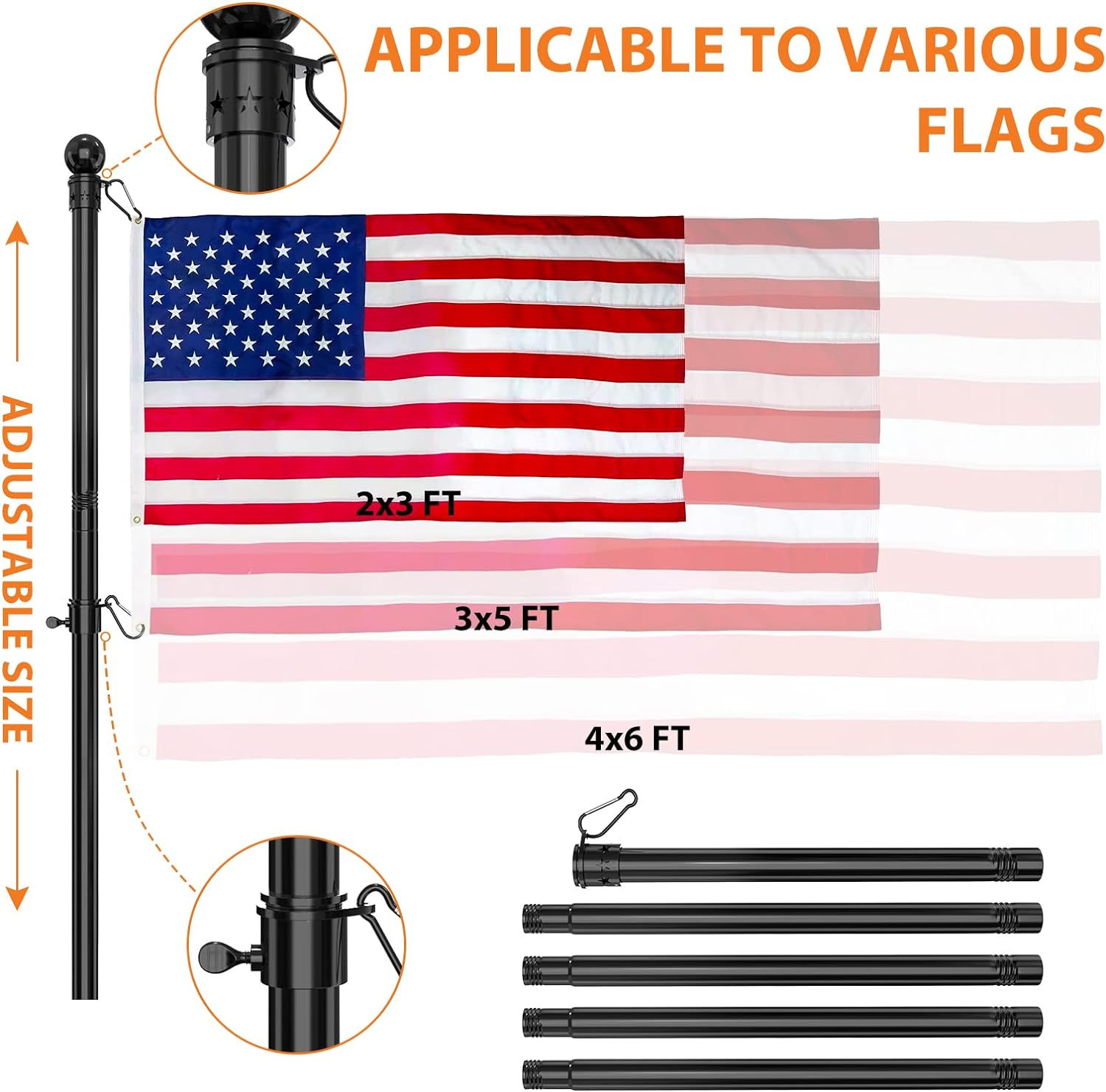 Yeyebest Flag Pole, 5 FT Flag Pole Kit for House, 2 No-Tangle Rings Clips, Flag Holder Bracket, Stainless Steel, Black image number 2
