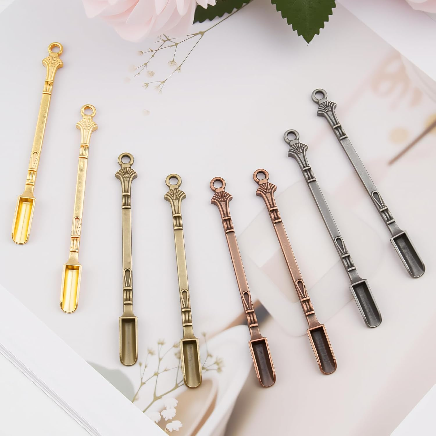 8 Pcs Mini Snuff Spoon, Metal Small Shovel Powder/Medicine Scoop Pendants Necklace Loop for Home Supplies Baking Cooking Coffee Sugar Filling Jars/Salts/Herbs Craft Tools (4 Colors) image number 4