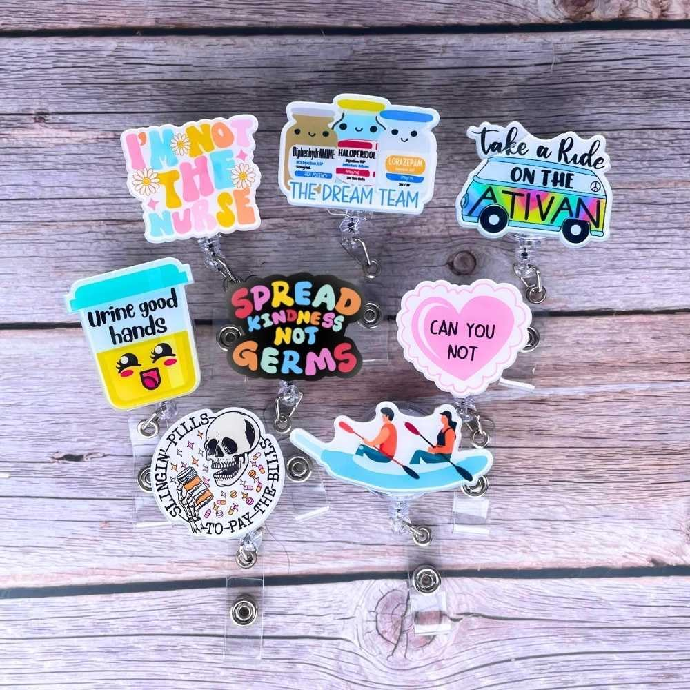 YJ Premiums 8PC Funny Cute Fun Badge Reel Holder ID Card Retractable Clip for Nurse Nurses Nursing Teacher Office Workers | Meme It&rsquo;S Fine Just My Face Job Descriptions Goose Bumps Gifts (Nurse) image number 6