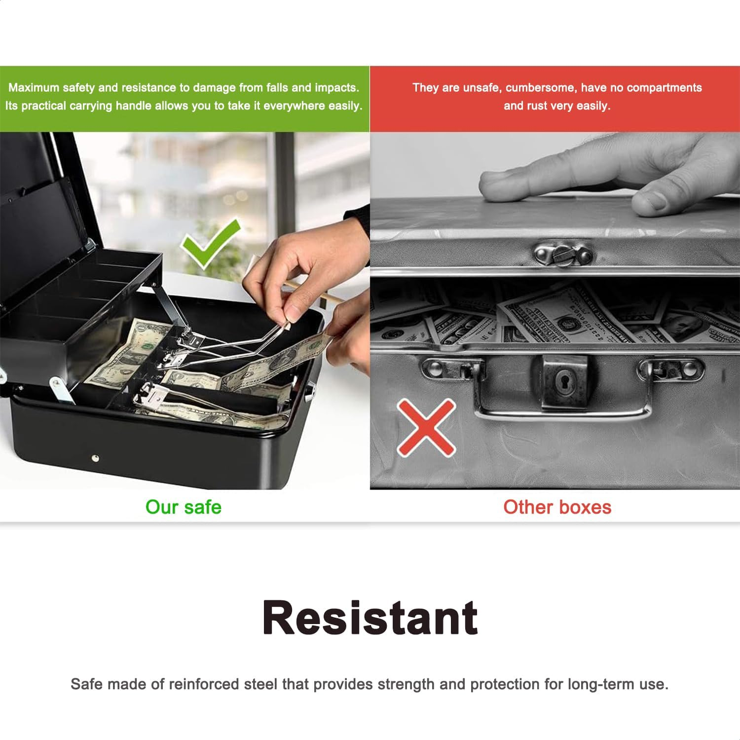 Metal Safe Box with Lock for Bills and Coins, Large Compartments, 2 Keys Included, Secure Locking Mechanism, Practical Spring Clips for Bills image number 3