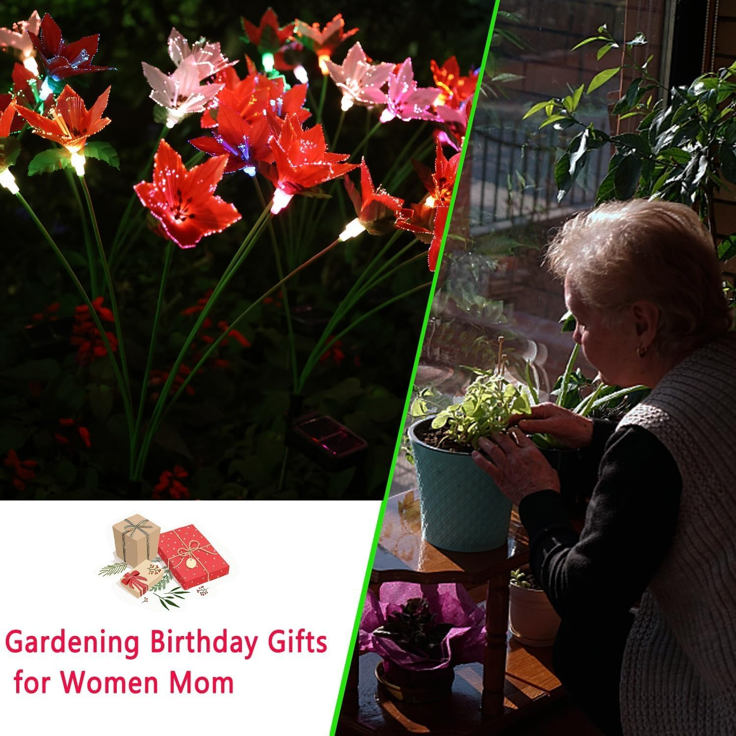 Solar Garden Lights, 2 Pack Solar Swaying Lights with 12 Flowers Solar Lights for outside Garden Yard Decor Outdoor Waterproof, Gardening Birthday Gifts for Women Mom Grandma, White & Red