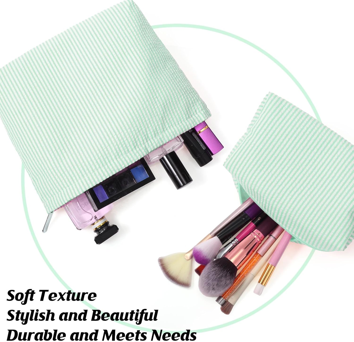 Huhumy 2 Pieces Makeup Bag Set Cute Cosmetic Pouch for Women Seersucker Travel Toiletry Bag Preppy Small Makeup Purse Pouch Aesthetic Skincare Brushes Storage Organizer for Christmas Women, Green - Black image number 6
