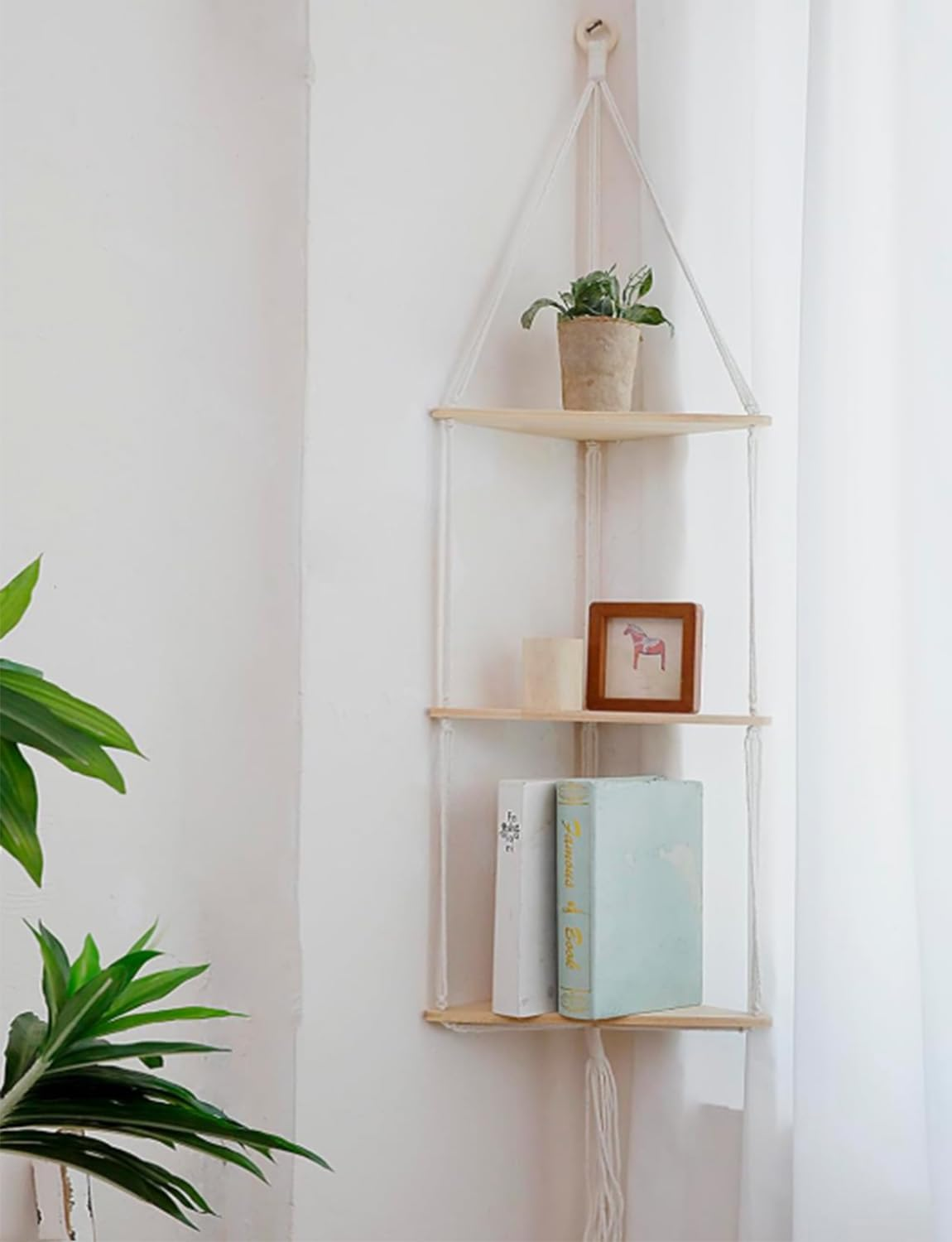 White Corner Floating Shelves Wall Hanging,3 Tier Corner Shelf Plant Wall Decor Boho Rustic Wooden Storage Orgnizer for Bedroom Living Room Pots Photos image number 4