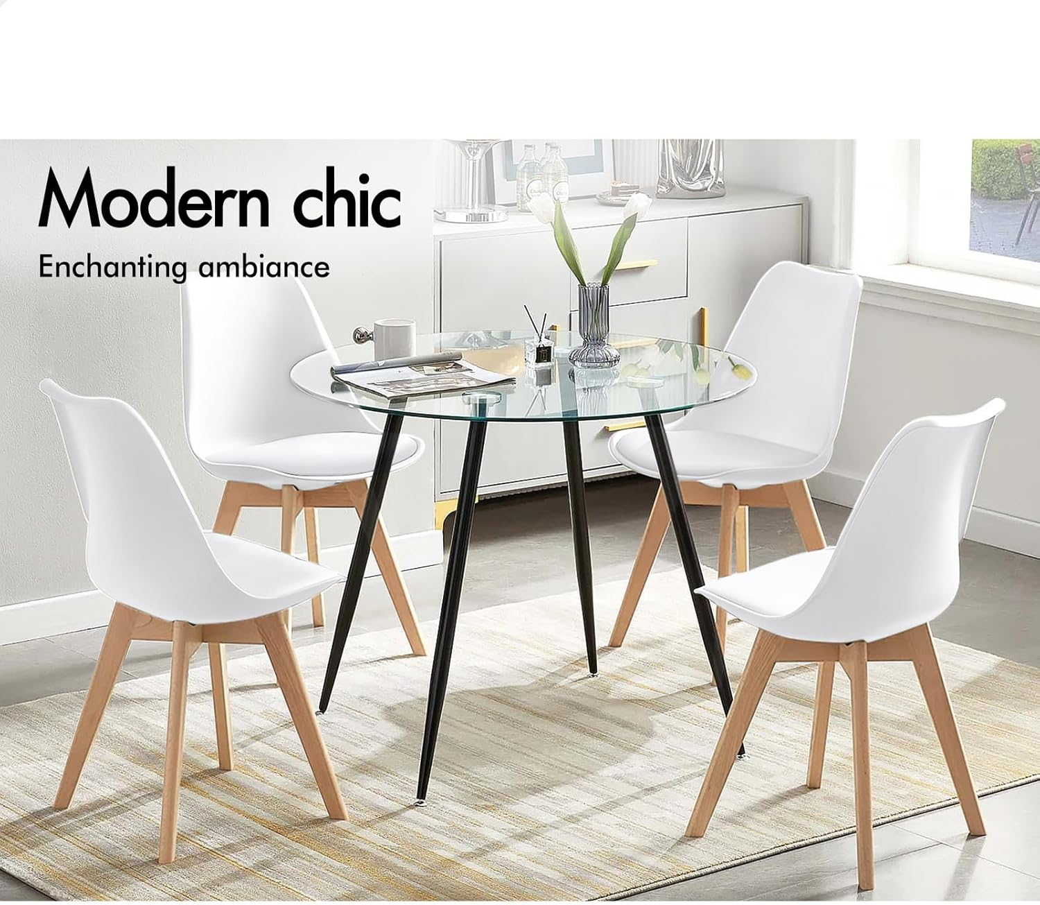 ALFORDSON Dining Chair Set of 4 PU Leather Upholstery with Wood Legs, 4X Kitchen Cafe Chairs with Ergonomic Backrest and Floor Protectors, 150Kg Capacity, White image number 3