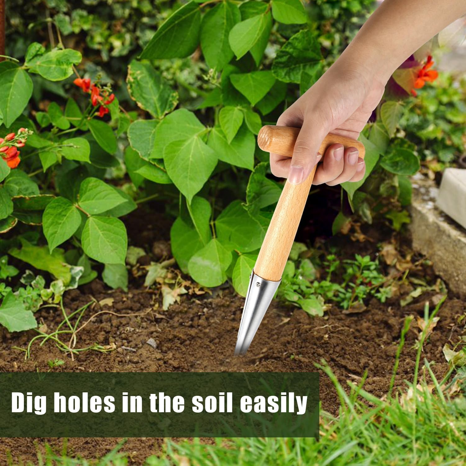 XIHIRCD Hand Dibber with Wooden Handle, Dibbler Gardening Tool Stainless Steel Head Hole Punch Hand Held Bulb Planter Solid Garden Sow Dibbler for Planting Seeds Flowers Tulips Daffodils Dahlias image number 4