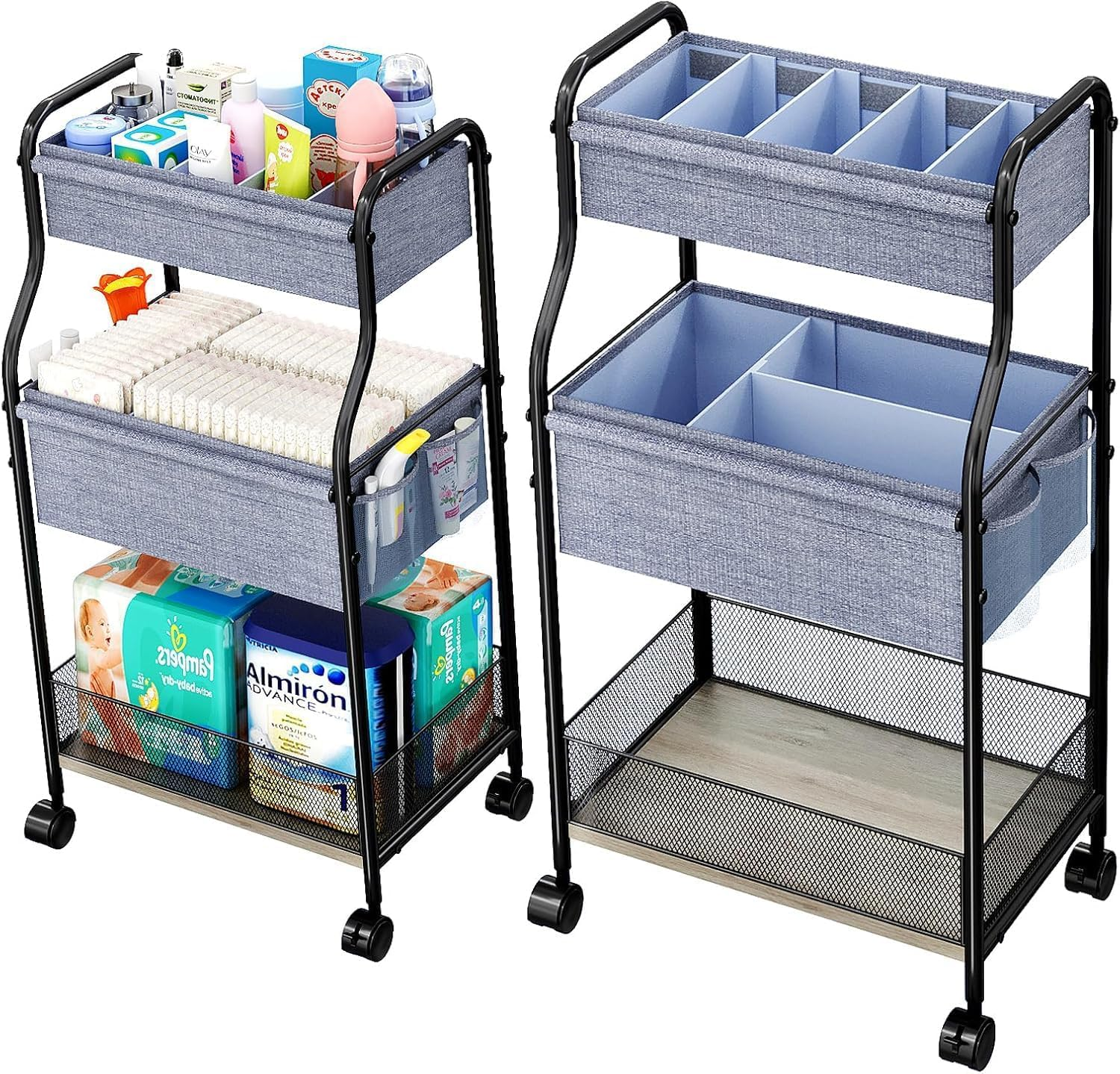 3-Tier Baby Diaper Caddy Organizer Cart with Dividers & Side Pockets, Mobile Metal Utility Cart with Rolling Wheels for Nursery Essentials, Large Capacity Rolling Carts for Crib, Bedroom, Bathroom image number 5