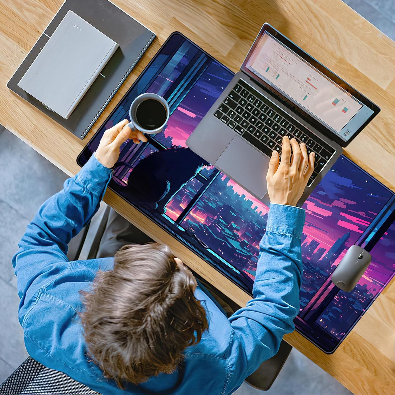 Cool Purple Kawaii Anime Moom Cat Desk Mat XXL Large Gaming Mouse Pad, Cute City Cats Desk Pad for Gamer Girl Women Office Desk Decor Mousepad, Computer Laptop Keyboard and Mouse Mat 31.5X15.75 In image number 6