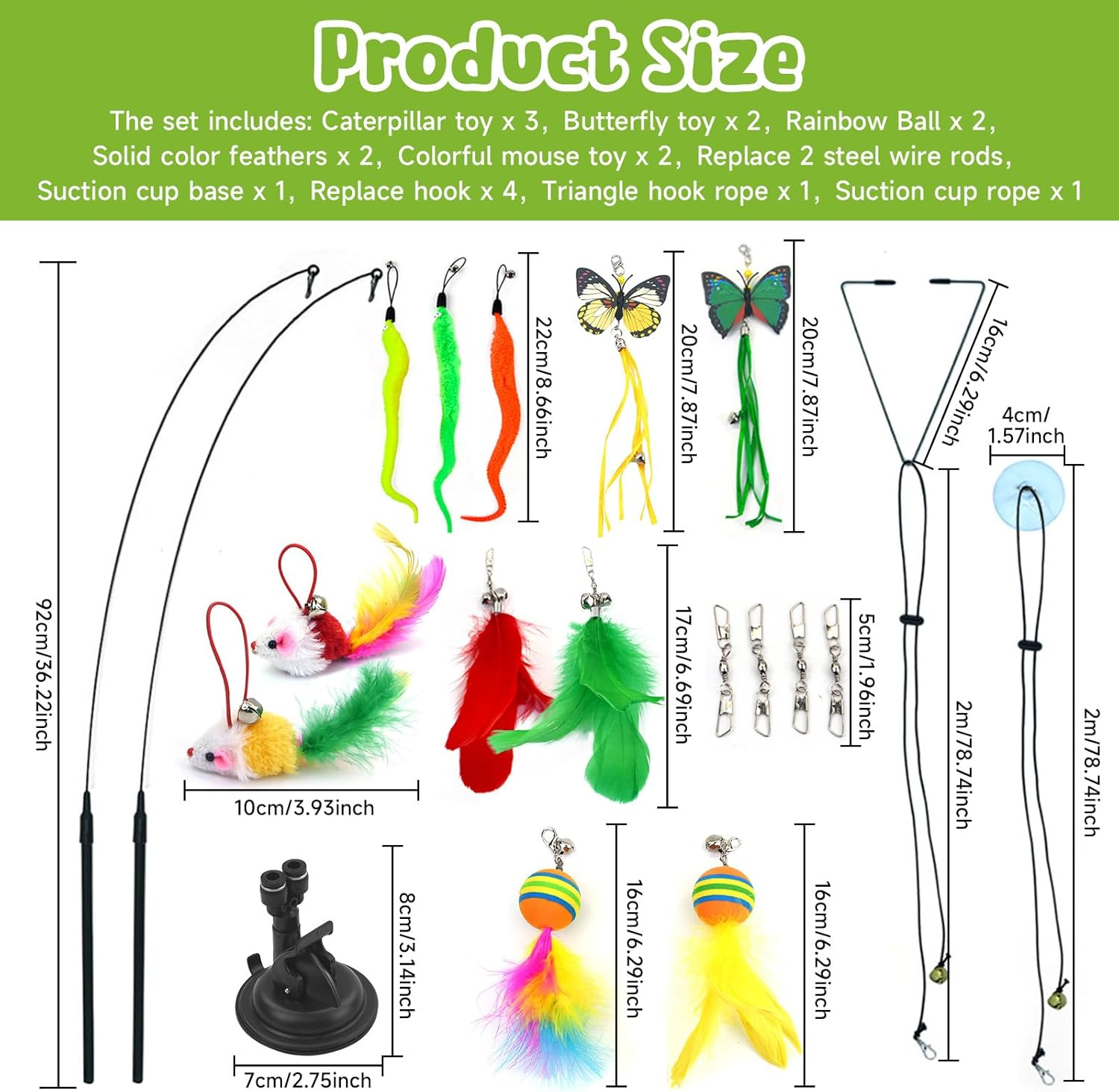 Pearyaest 20 Pack Cat Toys for Indoor Cats,4-In-1 Interactive Feather Teaser Cat Toy Set,Interactive Cat Toy with Rotatable Suction Cup,Replacement Hooks,Caterpillar,Butterfly,Rainbow Ball image number 6