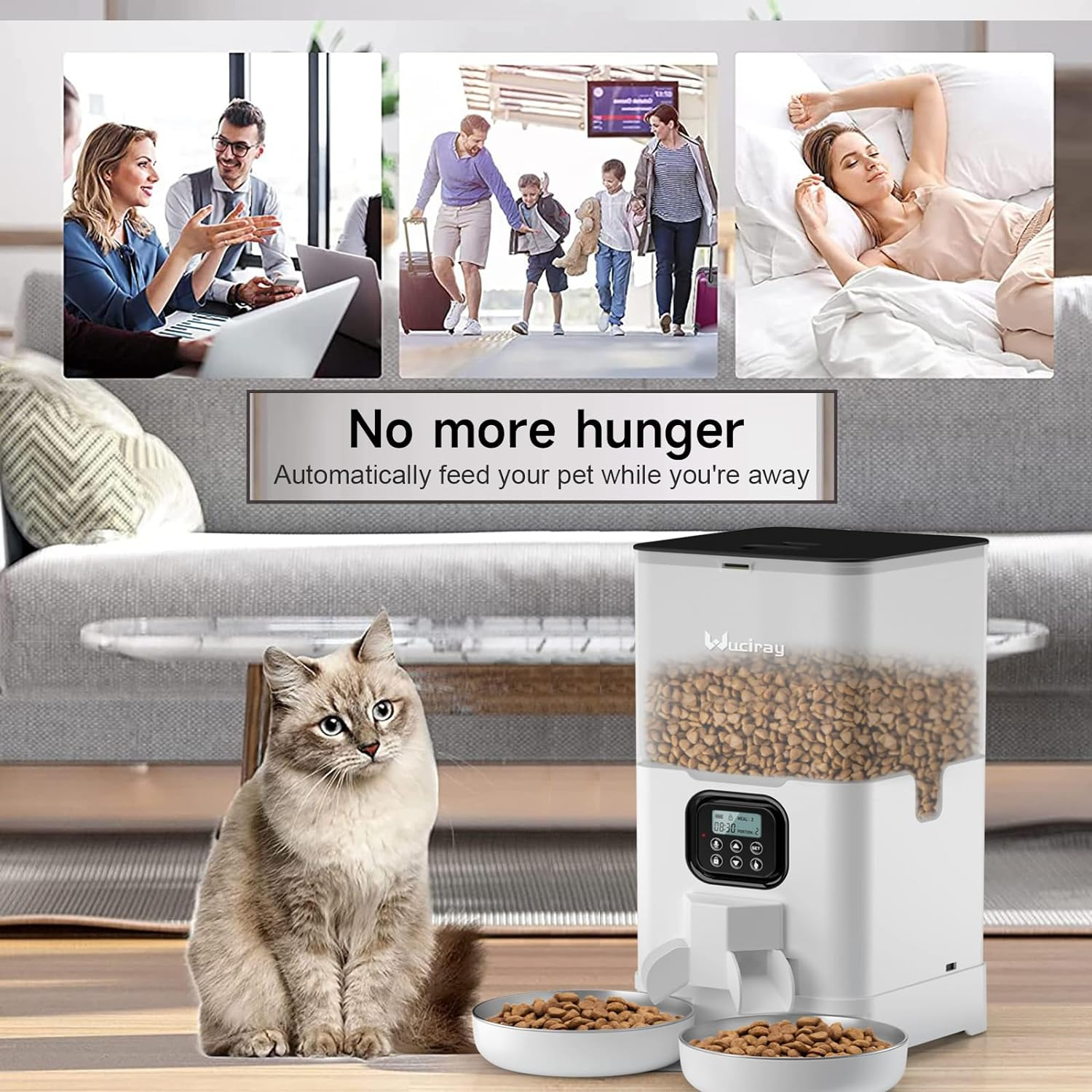 Wuciray Automatic Cat Feeder 6L, Double Pet Feeder with 2 Stainless Steel Bowls, 4 Meals per Day, 10S Voice Recorder, Timed Cat Food Dispenser with Memory Function, Lock Lid and Desiccant Bag(White) - Black image number 4