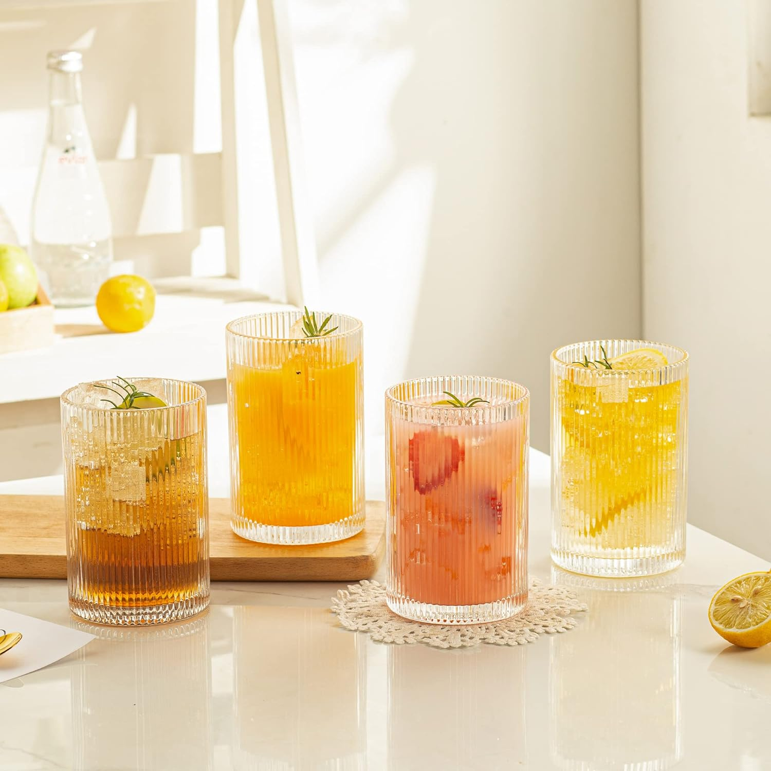 POLIDREAM Drinking Glasses Set of 4 Vintage Whiskey Glasses 500Ml Art Decor Ribbed Glassware Set Embossed Glass Tumblers Cocktail Glasses Water Glasses for Beer Juice Milk(8.3X8.3X13Cm)