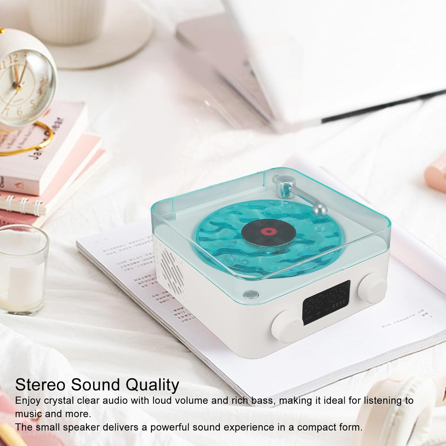 2024 Aqua Speaker, Record Player, Waves Record Player, Stylish Speaker with Night Light and Time Display, 3 in 1 Multifunction Small Stereo Speaker (White) - Pin image number 4