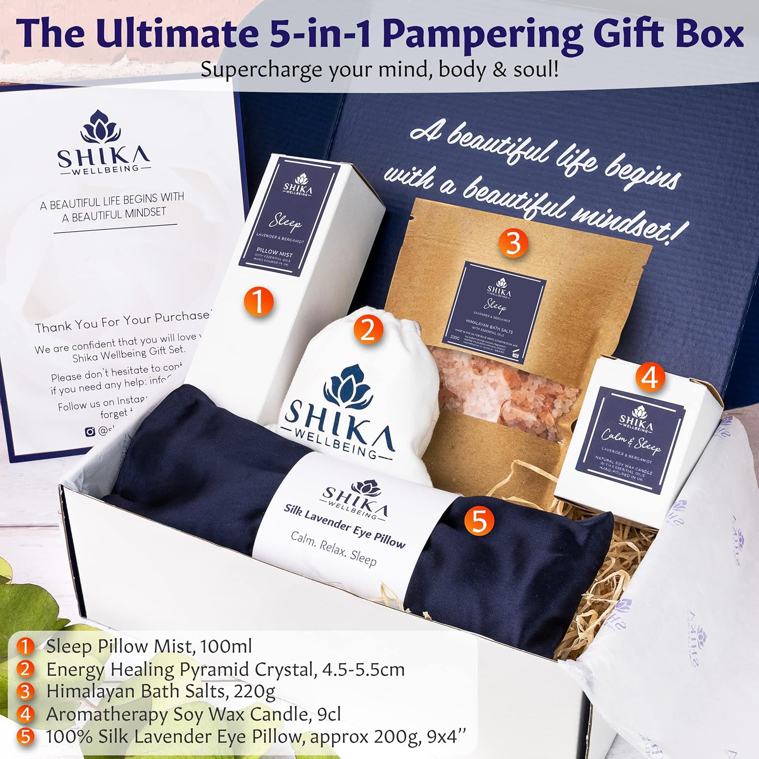 Shika Wellbeing LUXURY SLEEP WELL Pamper Gift Set for Women 100% Silk Lavender Eye Pillow, Pillow Mist, Aromatherapy Candle, Relaxing Bath Salts, 7 Chakra Pyramid Crystal MADE in UK image number 5
