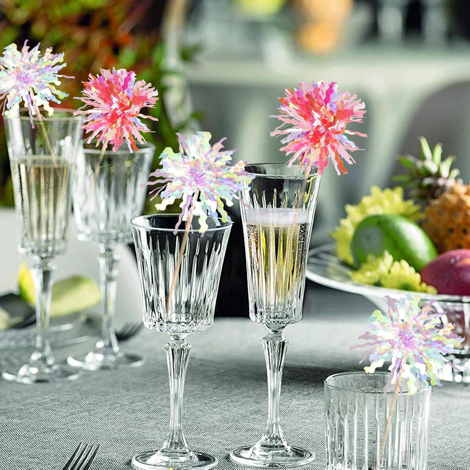 20 Pack Foil Firework Cupcake Toppers Party Birthday Cake Toppers Supplies Sparkle Tinsel Cocktail Fruit Toothpick for Birthday Wedding Graduation Party White+Pink - Black Gold Sliver image number 2
