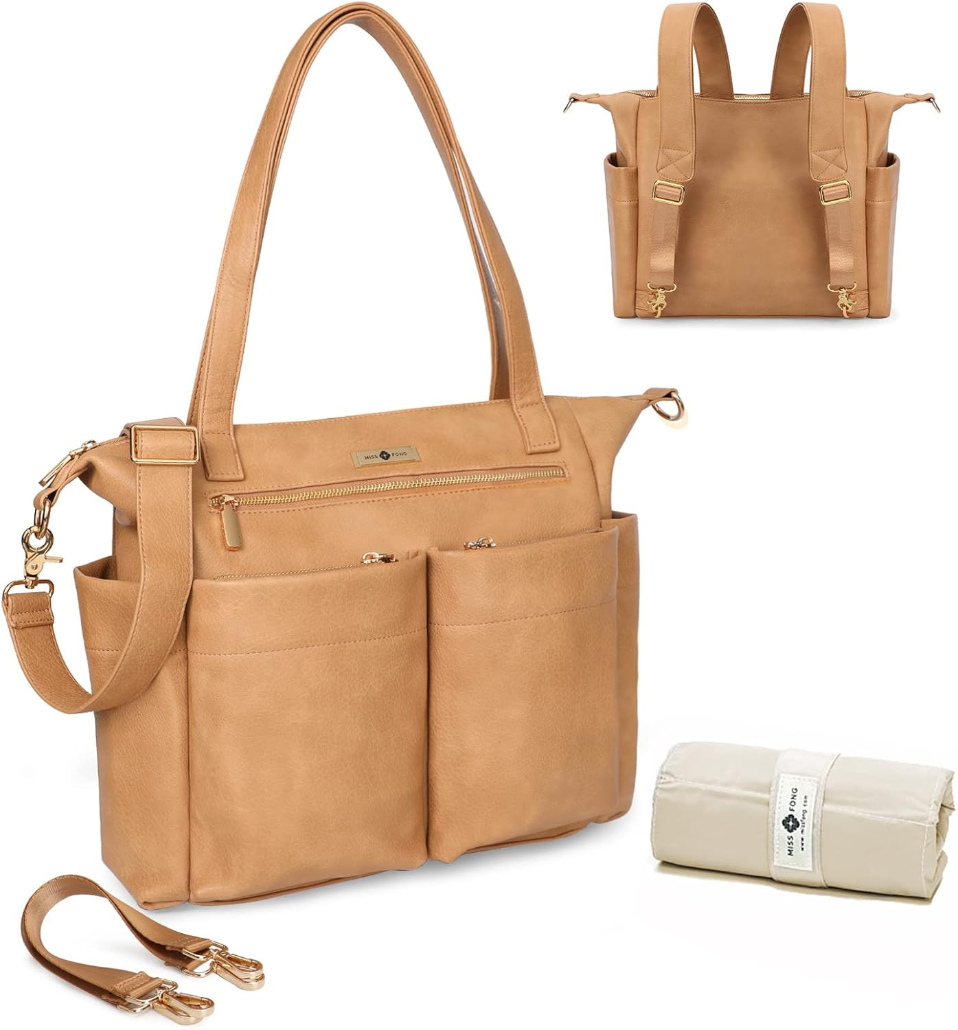 Miss Fong Diaper Bag Tote Baby Bag Leather Diaper Bag Backpack Large Diaper Tote Bag for Girls & Boys Diaper Bag Purse with 11 Diaper Bag Organizer,Changing Pad, Stroller Straps,4 Insulated Pockets