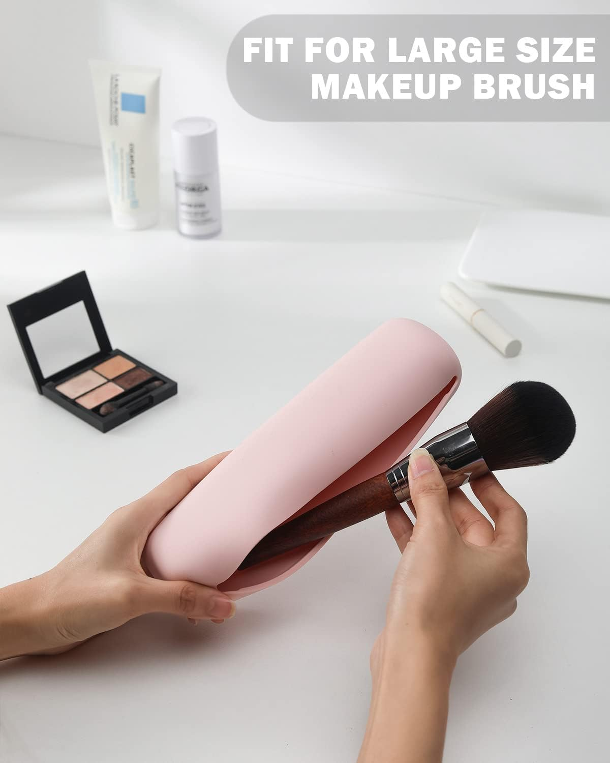 BEZOX Makeup Brush Holder with Magnet Closure - Silicone Make up Brushes Case for Travel &ndash; Portable Cosmetic Brush Organizer Bag - Pink image number 3