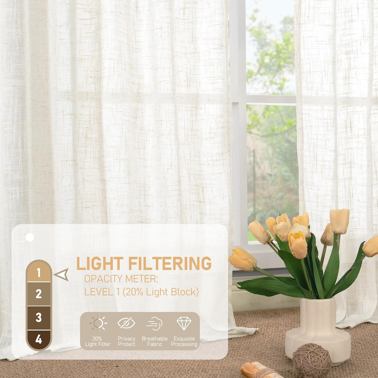 LAMIT Cream Linen Curtains for Living Room 84 Inch Length 2 Panels, Light Filtering Semi Sheer Panels Back Tab and Rod Pocket Boho Drapes for Bedroom/Farmhouse, 42 X 84 Inch