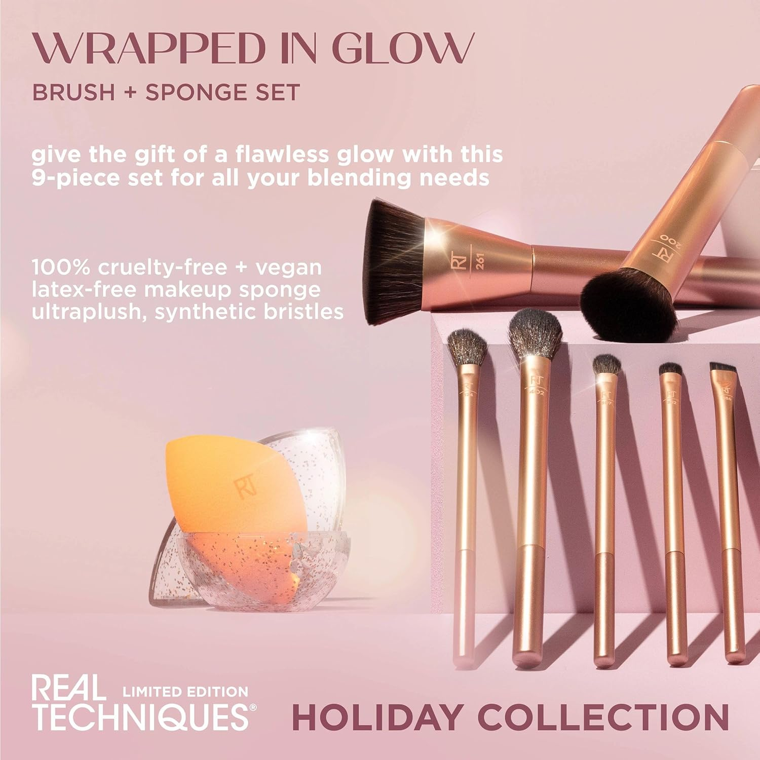 Real Techniques Wrapped in Glow Brush + Sponge 9 Piece Set, Complete Makeup Brush Set, Foundation Sponge, Seamless Blending & Travel Case, Stocking Stuffer