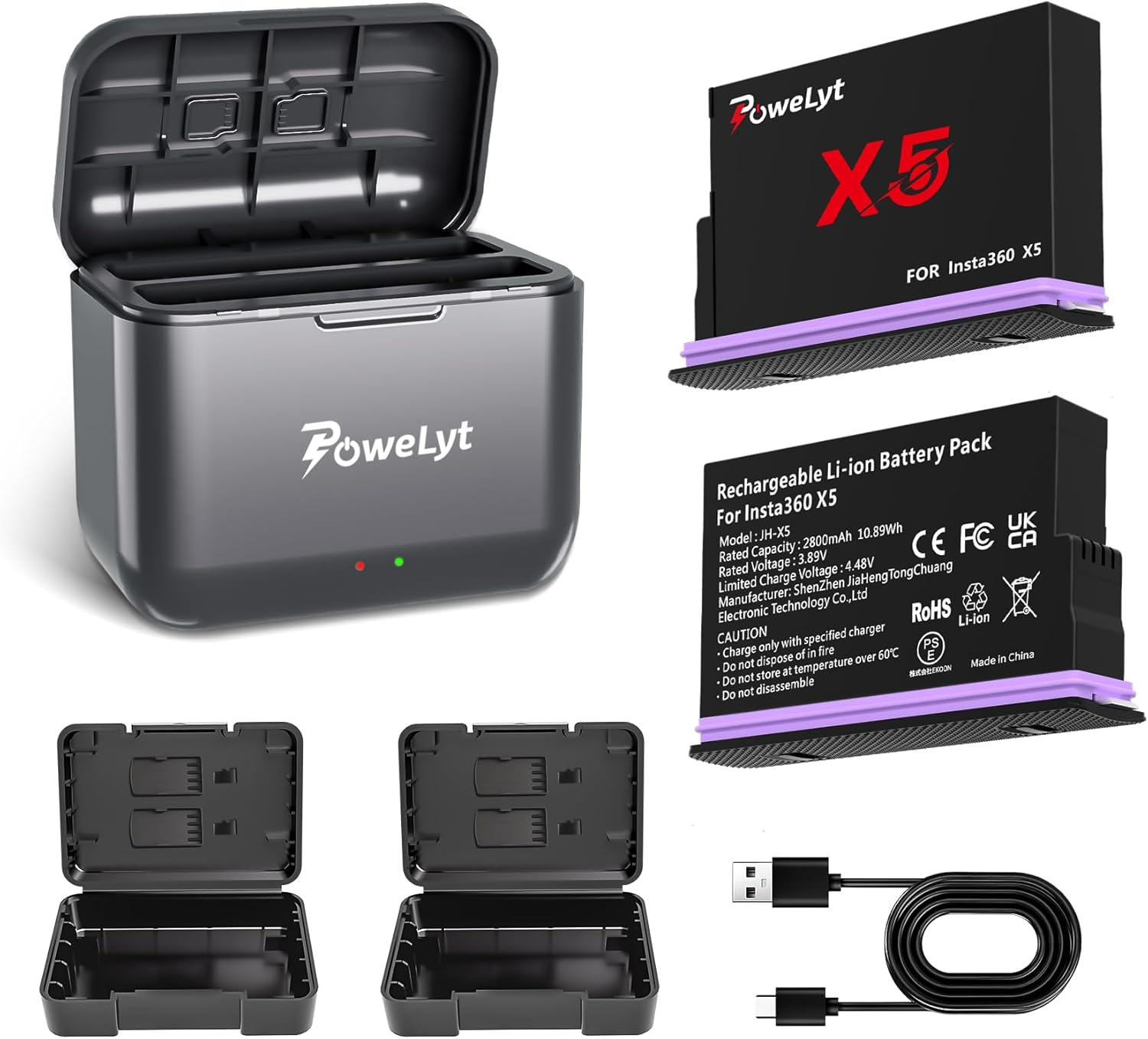 Powelyt 360 X5 Battery Charger Set 2 Packs 2800Mah Waterproof X5 Batteries and 2 Channels X5 Battery Charger with Battery Case Can Store Misro SD Card Fully Compatible with Insta360 X5 Action Camera image number 4