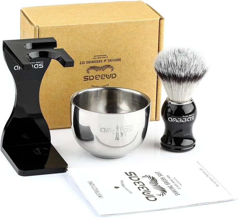 Anbbas Shaving Brush Synthetic Badger Hair with Stainless Steel Shaving Bowl,Black Acrylic Shaving Stand Holer for DE Razor Men Traditional Shave image number 5