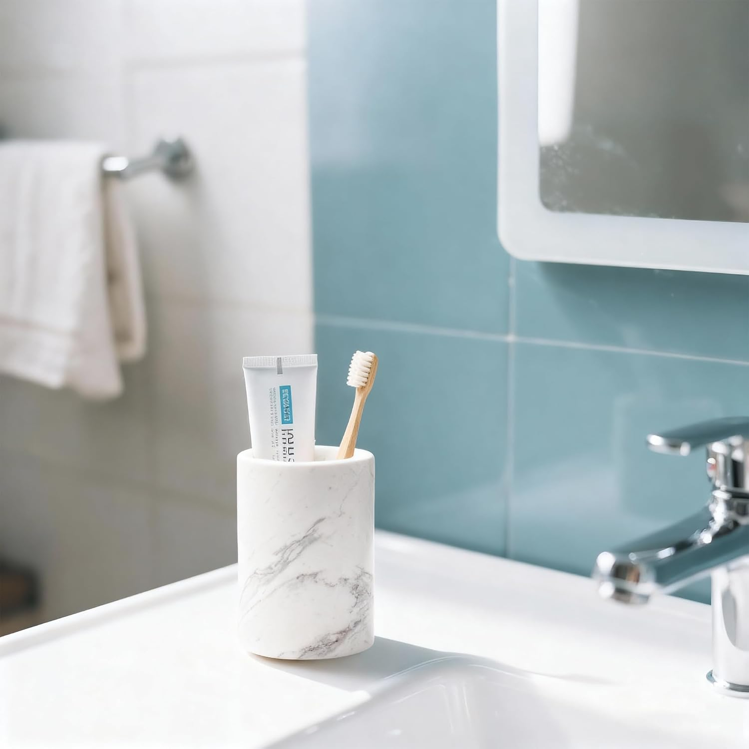 WORHE Natural Marble Pen Holder for Desk, Handcrafted Volakas Sturdy Desk Organizer for Office Supplies Storage Desktop Stationary Makeup Brushes Cup Pencil Holders for Home White (DL002) image number 4