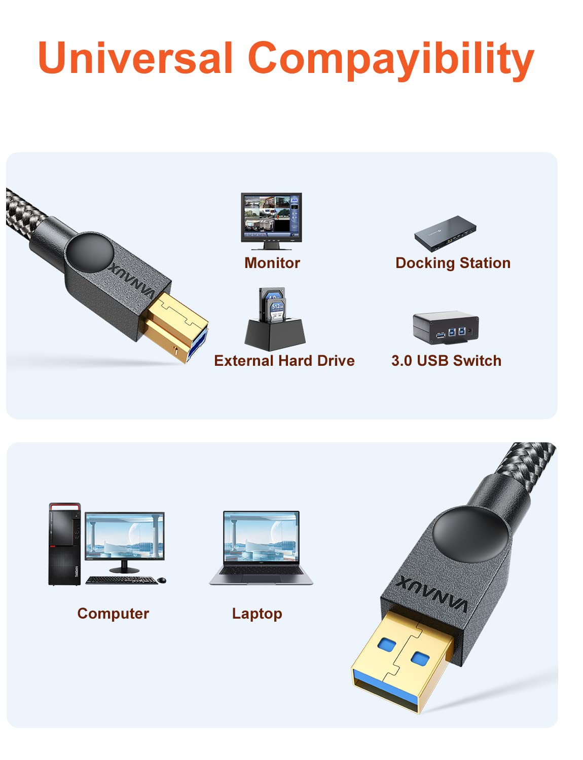 VANAUX USB 3.0 Cable B Male to USB a Data Cable USB 3 Type B Cord Compatible with Docking Station, External Hard Drivers, Scanner and More-Black (33Feet/10M) - 33Feet/10M image number 6