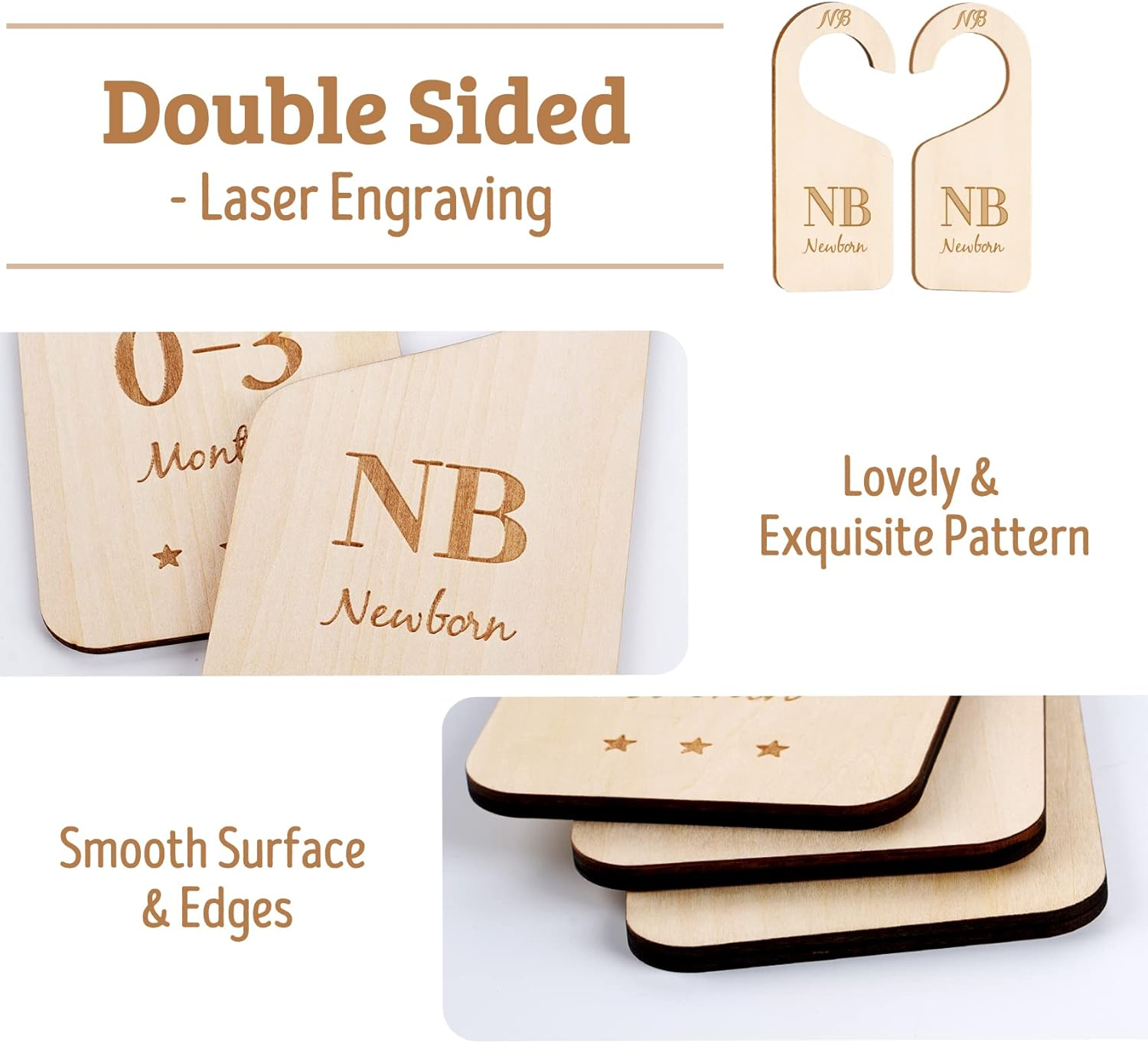 HOU&Iacute;SM Wooden Baby Closet Size Dividers 7Pack, Baby Clothes Organizers Home Nursery Decor, Thicken and Double Sided from Newborn to 24 Months, Hanging Closet Dividers for Newborn Baby Shower