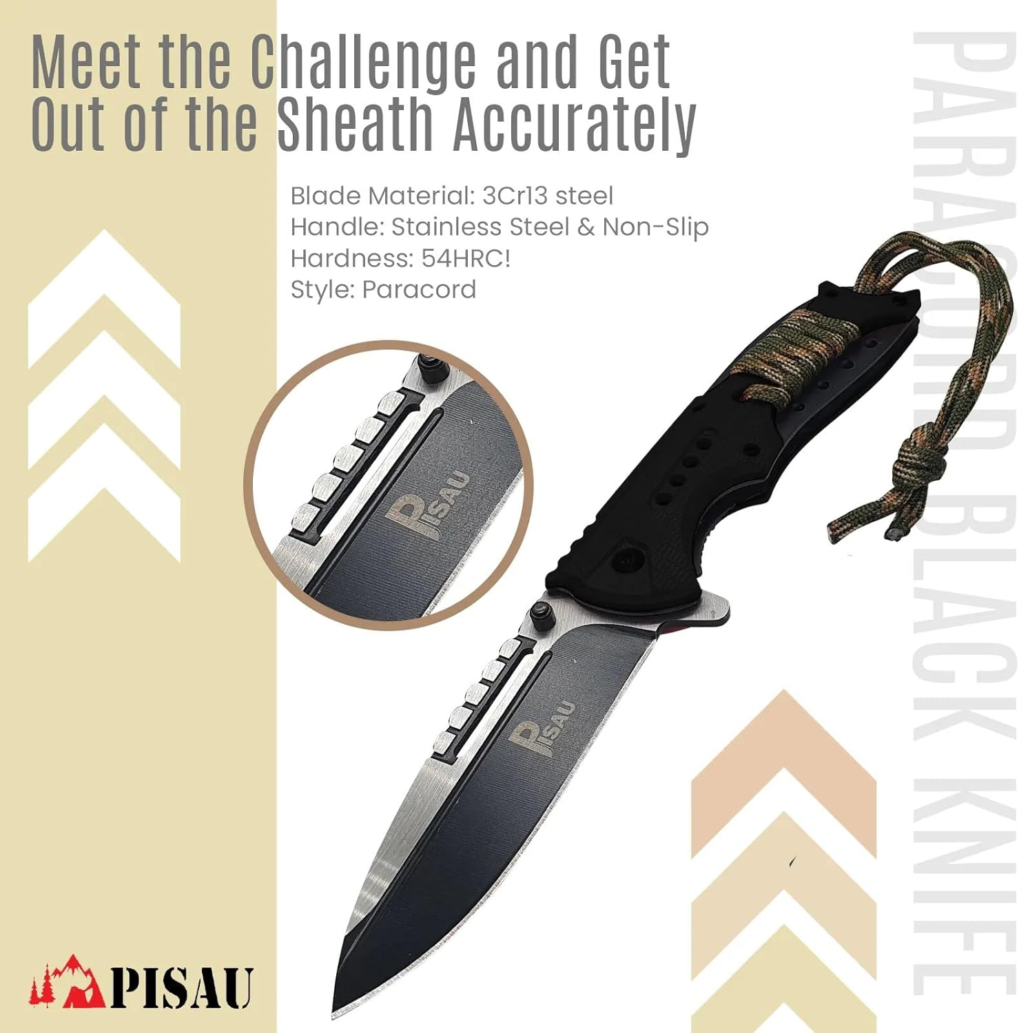 PISAU Stainless Steel Camping Folding Knife with Sheath and Paracord (Black) image number 6