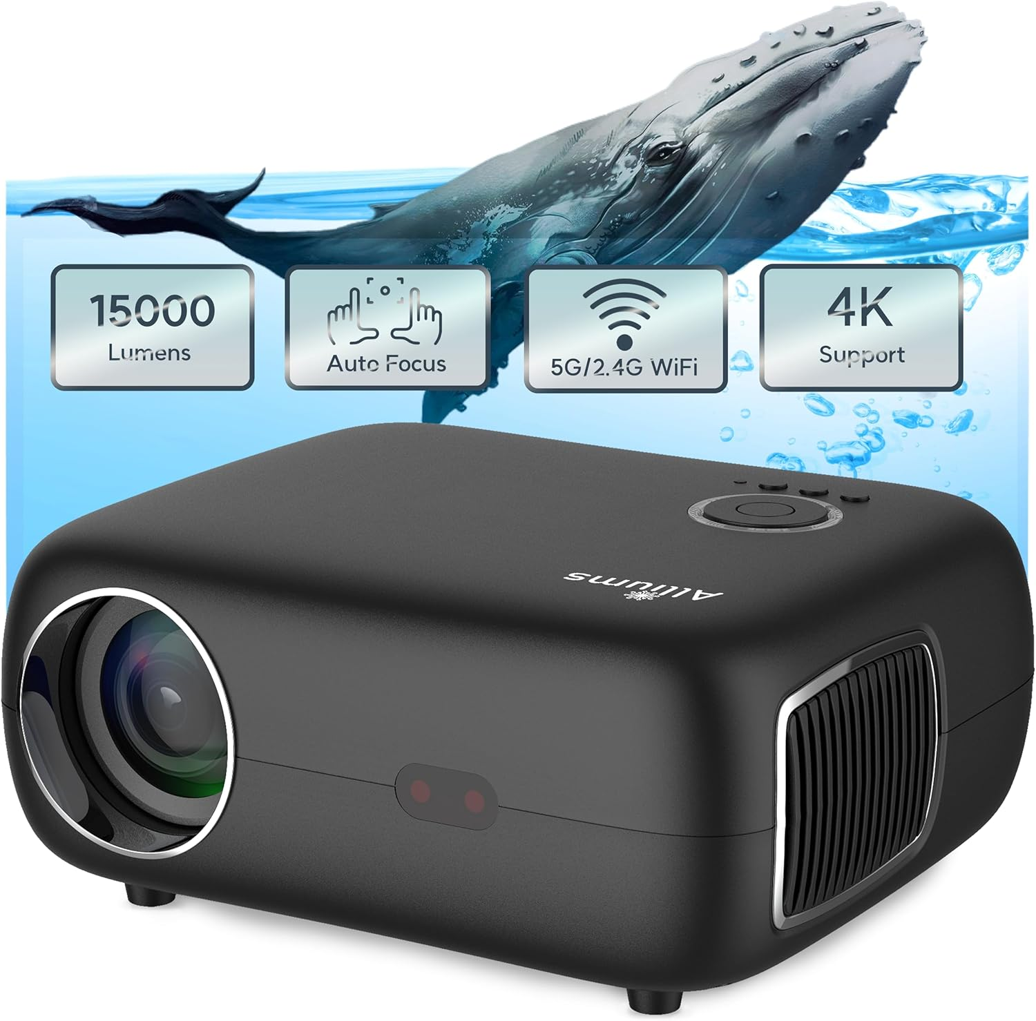 Alliums Projector AUTO Focus AUTO Keystone Portable Native 1080P Full HD, 4K Support, 16000 Lumens, 10W Hi-Fi Speakers, 300 Inch Display, 5G/2.4G Wi-Fi, 5.2 Bluetooth, Home Theater & Gaming Black image number 4
