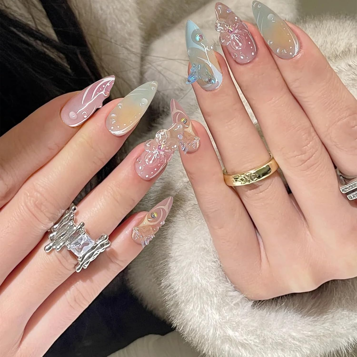 TELAIN Frencho 3D Flowers Press on Nails French Artificial Nails, Fake Nails, Artificial Nails for Sticking, Adhesive Nails, Press Ons, False Nails Set for Sticking, Frencho, Pack of 24 image number 6