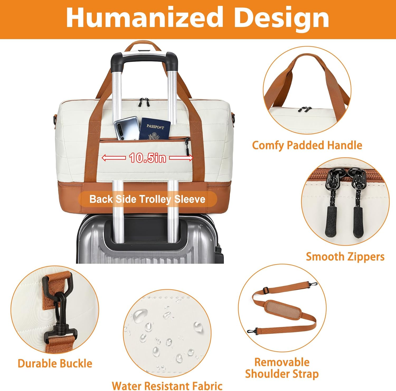 Travel Weekender Bag for Women, Overnight Bag with Shoe Compartment, Oversized Travel Duffel Bag Carry on Tote with Trolley Sleeve 21" for Weekend Travel Business Trip, White Brown, Large