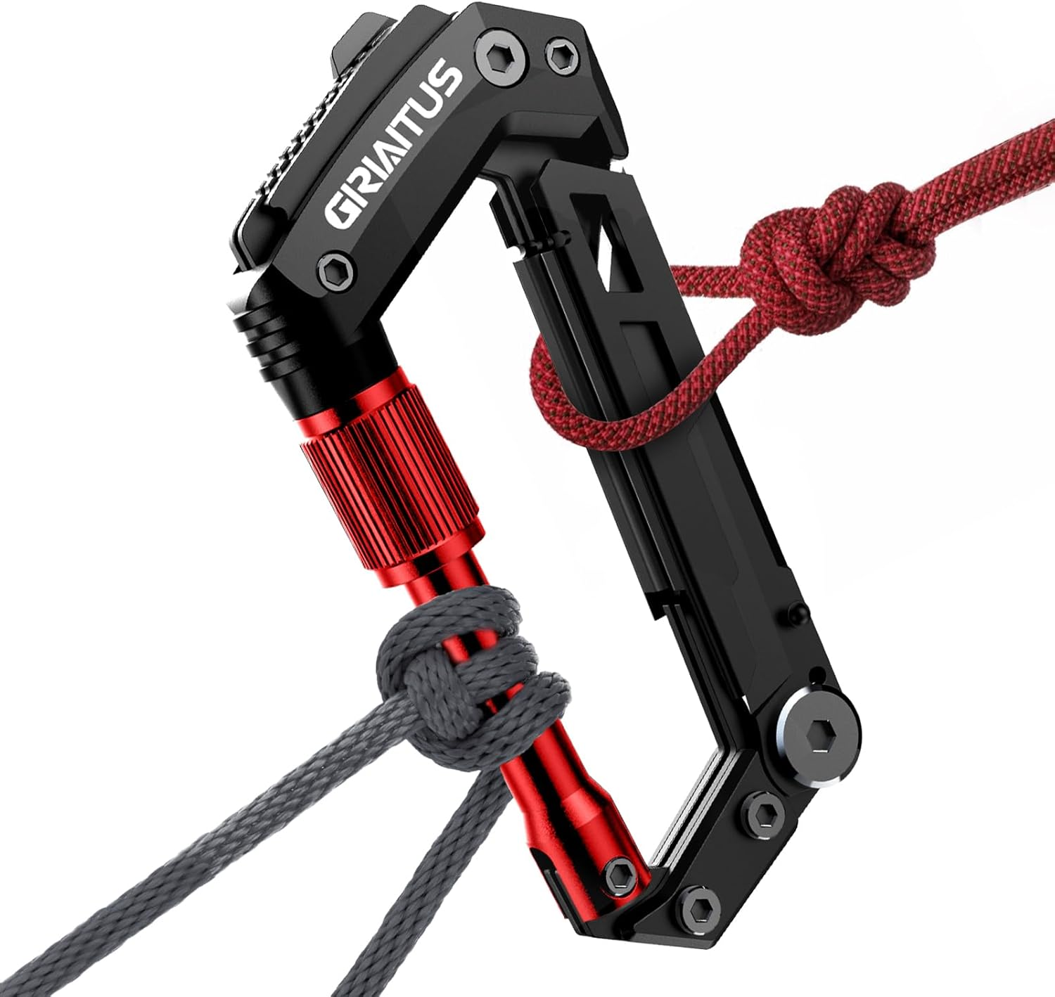 Carabiner Multitool 8-In-1 EDC Carabiners Pocket Knife, Serrated Knife, Rope Cutter, Screwdriver, Can Bottle Opener, Ruler, Survival Gear for Camping Climbing(Red)