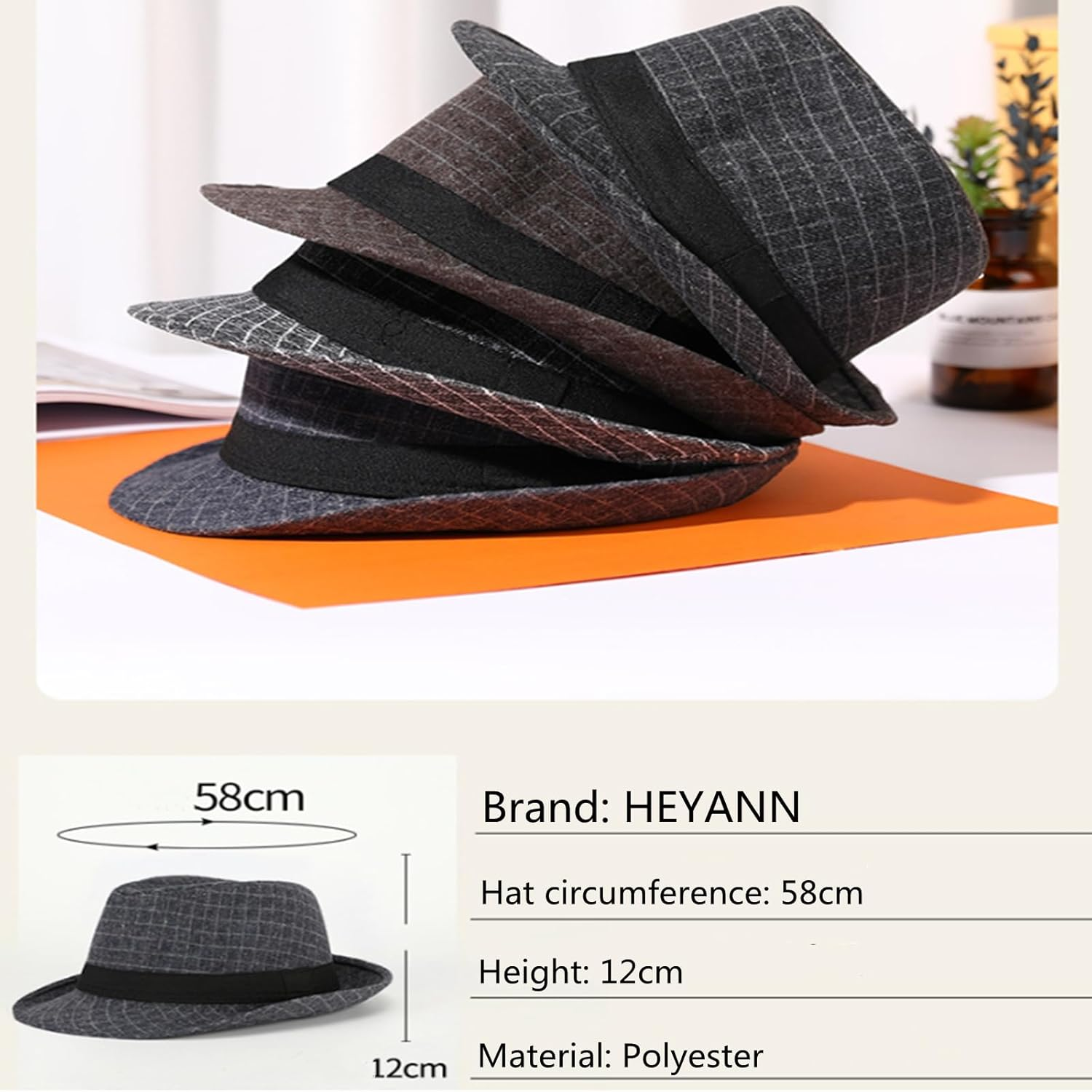 HEYANN Men'S Pork Pie Hat, Plaid Tweed Pork Pie Hat &ndash; Short Brim Fedora Hats round Crown Retro Flat Cap for Spring & Fall Beach, Party Hat image number 2