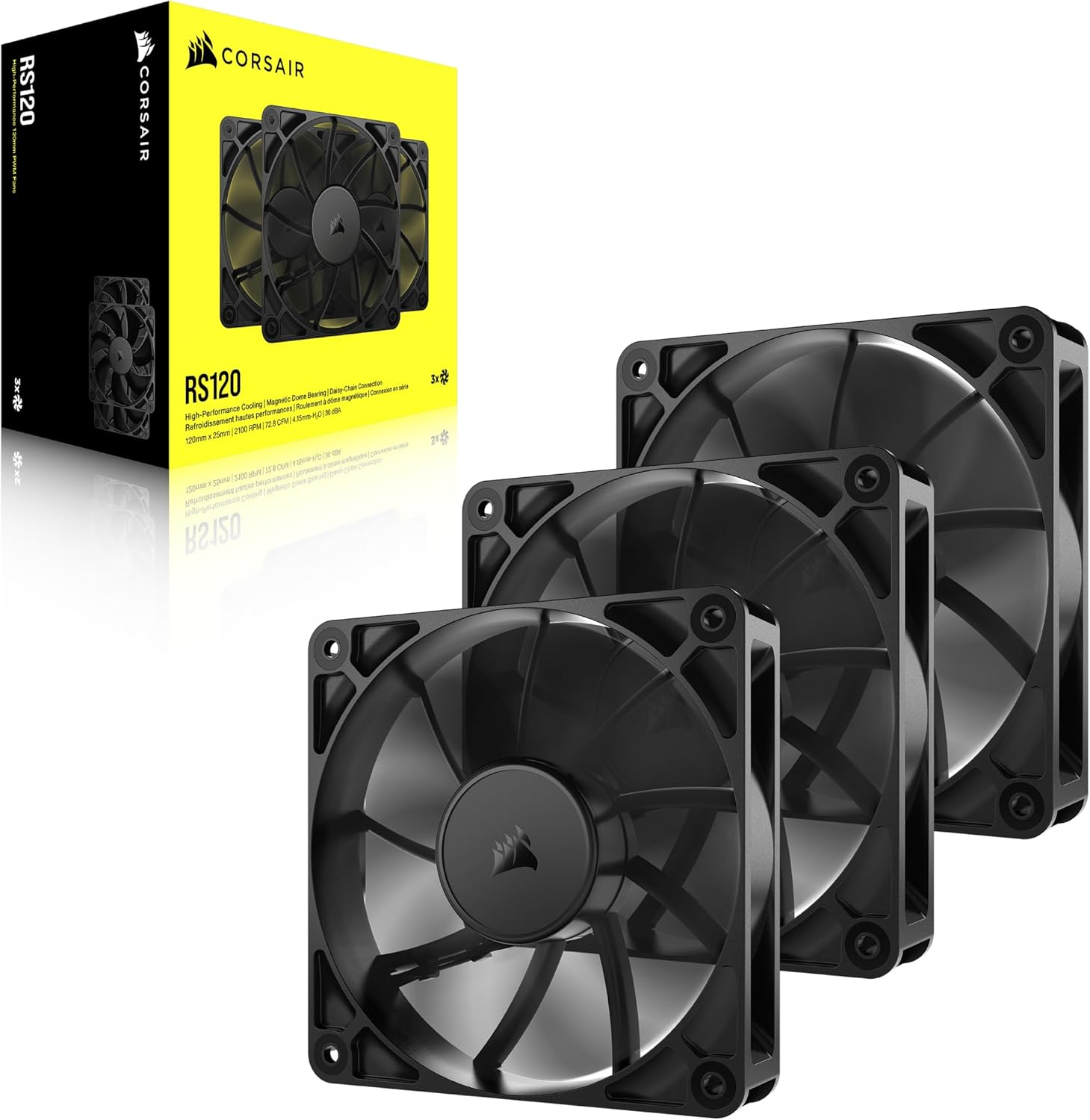 CORSAIR RS120 120Mm PWM Fans &ndash; Daisy-Chain Connection &ndash; Low-Noise &ndash; Magnetic Dome Bearing &ndash; Triple Pack &ndash; Black